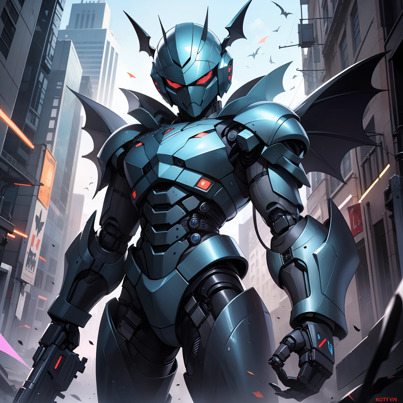 Boy in black robotic armor, black bat robotic helmets, robotic bat wings, laser rifle in hands