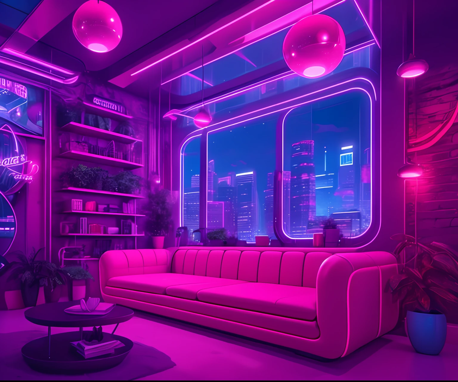 ((masterpiece)), (ultra-detailed), (intricate details), (8k high-resolution CGI art), Create an image of a small cyberpunk (coffee shop) retro-futuristic and realistic vaporwave overnight. One of the walls should feature a large window with a bustling, colorful and detailed cityscape (cyberpunk), synthwave, neon. The city should have a futuristic style with many colors, neon lights, signs and buildings of different sizes. The cityscape should be extremely detailed with depth of field. The city should have a lot of visual interest with lots of small details. Use atmospheric lighting and ambience to create depth and evoke the feeling of a bustling futuristic city outside the window. Pay close attention to details like intricate, rental eyes, and '90s bedroom details. Camera: Wide photo showing the bed or table and the window. The window should be the focal point of the image. Lighting: Use atmospheric and volumetric lighting to enhance the details of the cityscape. The room should be illuminated by the neon lights of the urban landscape.