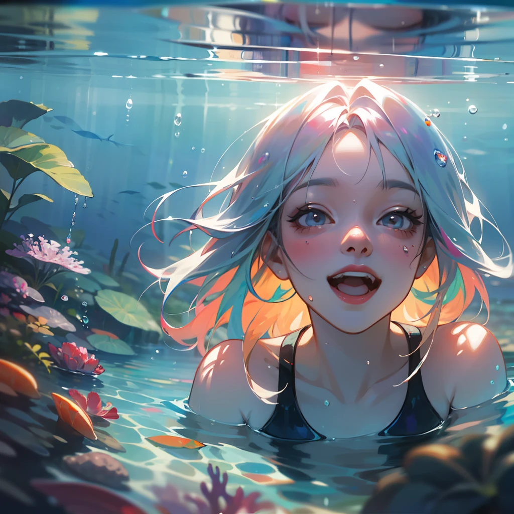 Girl swimming underwater, laughing, colorful colors, surrounded by colorful sea creatures and plants, Kavasi style, masterpiece, realistic ultra-detailed rendering style, hyperrealistic oil painting, head close-up, exaggerated perspective, Tyndall effect, realistic, water drops, mother-of-pearl, iridescent colors, holographic white