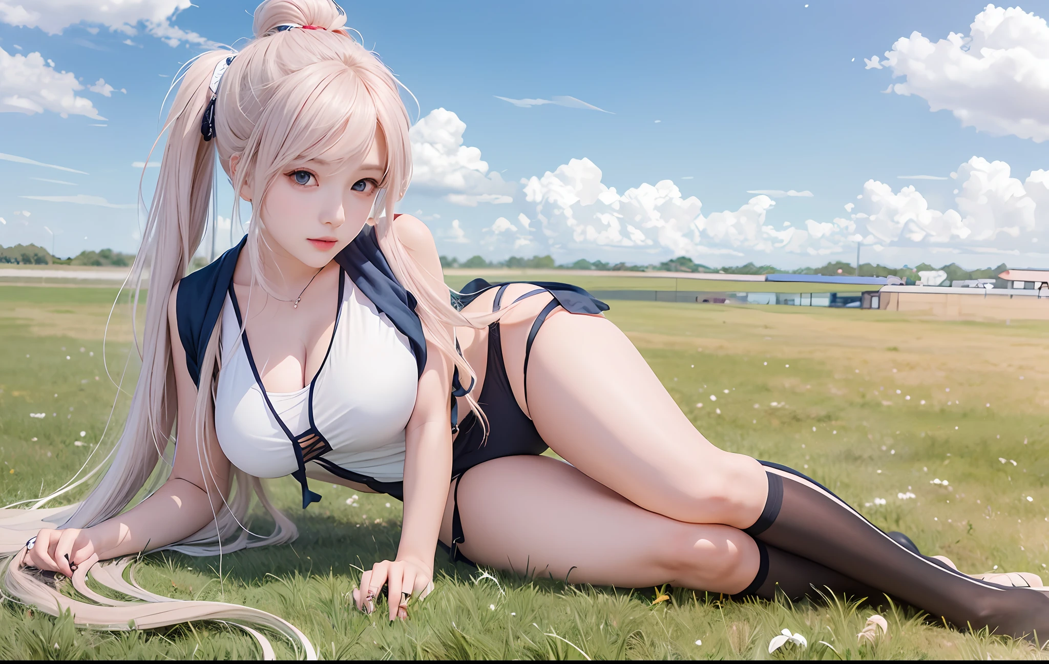 Anime girl lying on the ground on the blue sky field, seductive anime girl, smooth anime CG art, little curve , anime girl, anime best girl, beautiful anime high school girl, best anime 4k konachan wallpaper, cute anime girl, kantai collection style, attractive anime girl, beautiful anime girl squat, 4k anime wallpaper, (huge: 1.5)