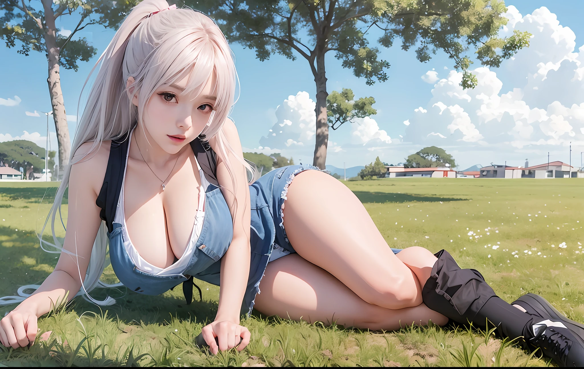 Anime girl lying on the ground on the blue sky field, seductive anime girl, smooth anime CG art, little curve loli, anime girl, anime best girl, beautiful anime high school girl, best anime 4k konachan wallpaper, cute anime girl, kantai collection style, attractive anime girl, beautiful anime girl squat, 4k anime wallpaper, (huge: 1.5)