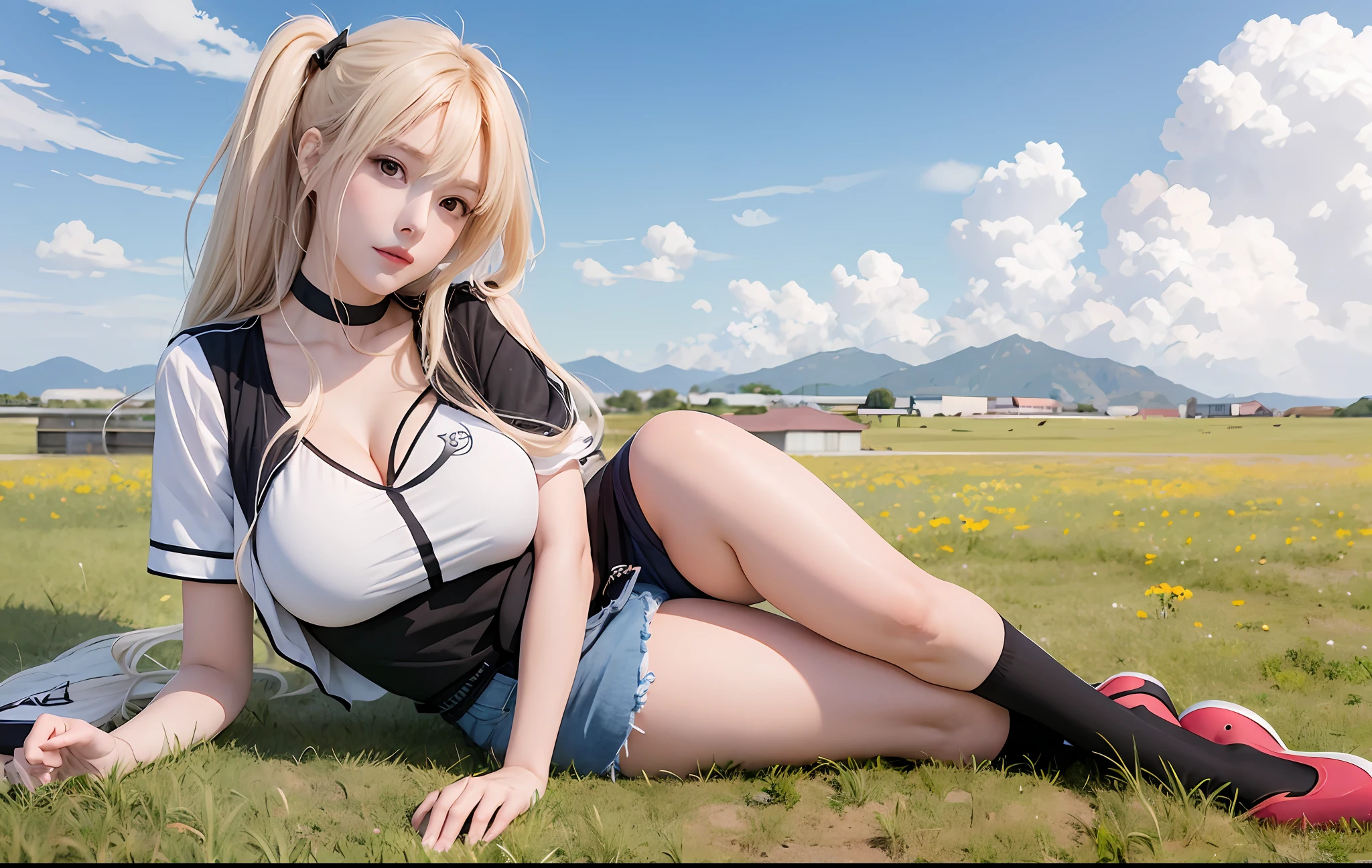 Anime girl lying on the ground on the blue sky field, seductive anime girl, smooth anime CG art, little curve , anime girl, anime best girl, beautiful anime high school girl, best anime 4k konachan wallpaper, cute anime girl, kantai collection style, attractive anime girl, beautiful anime girl squat, 4k anime wallpaper, (huge: 1.5)