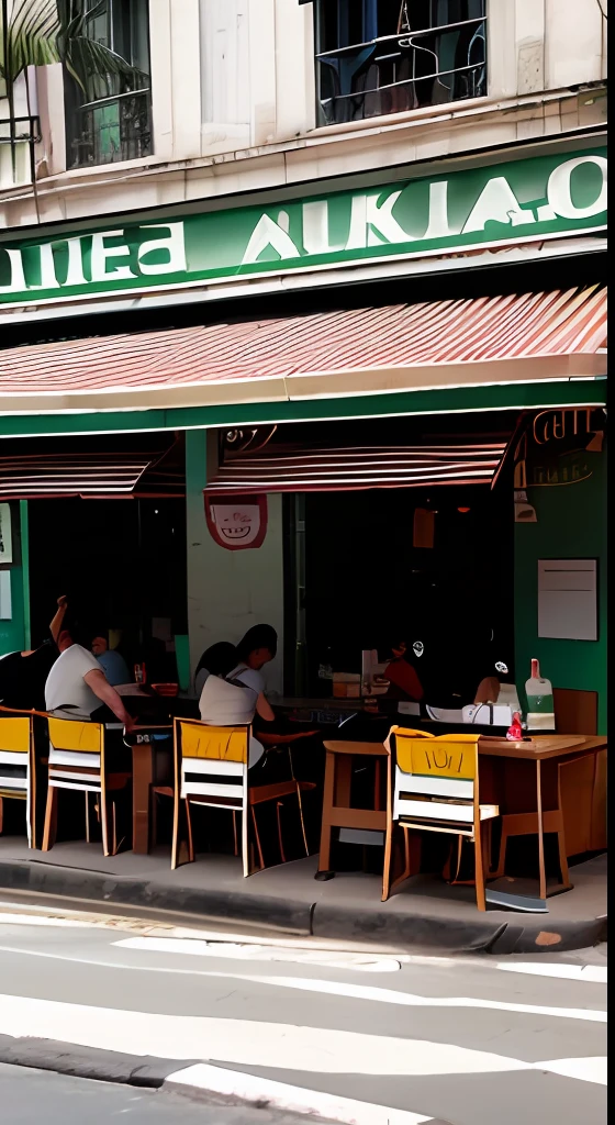 A corner in Sao Paulo, Brazil, with a bar, sidewalk tables, people passing by, a waiter serving the tables, perspective a little elevated --auto
