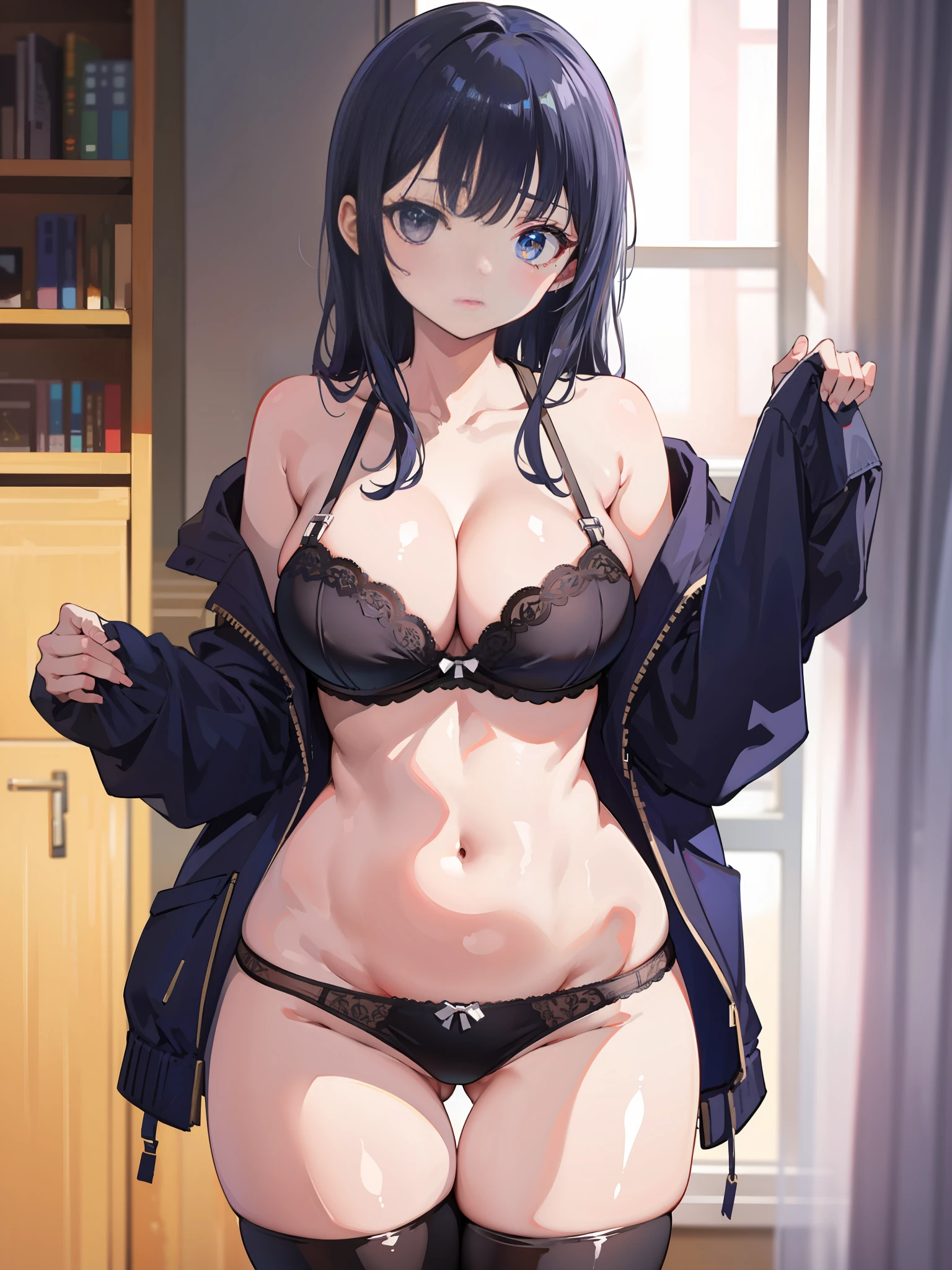Firm breasts, wide hips, underwear, wide thighs
