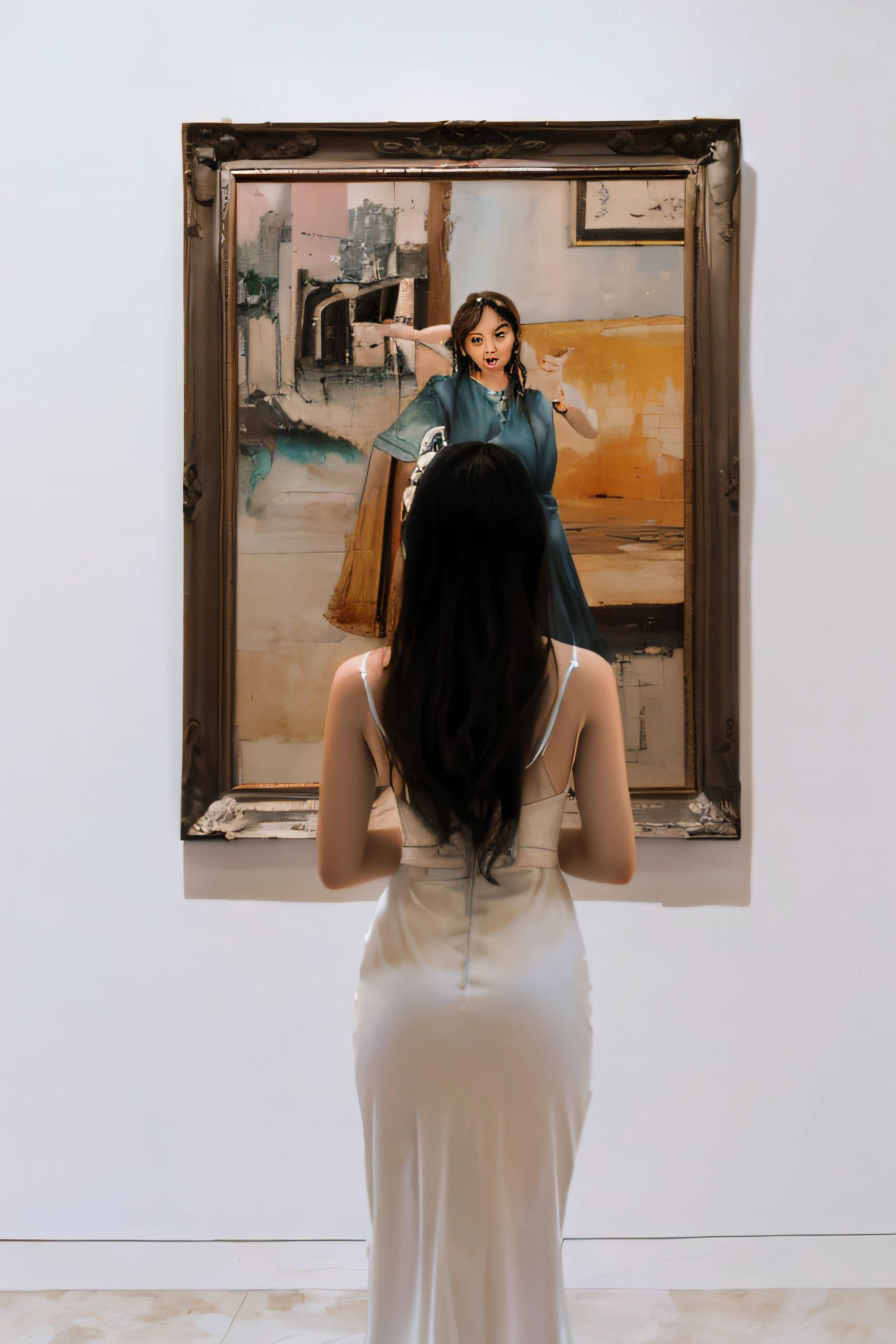 Korean sexy woman in white dress standing in front of a painting, girl in white dress, dancing in white dress, white dress, white silk, in art gallery], wearing white flowing dress, wearing cute white dress, Nico in white dress, soft silk dress, wearing white long dress, in the gallery, big eyes, watery big eyes