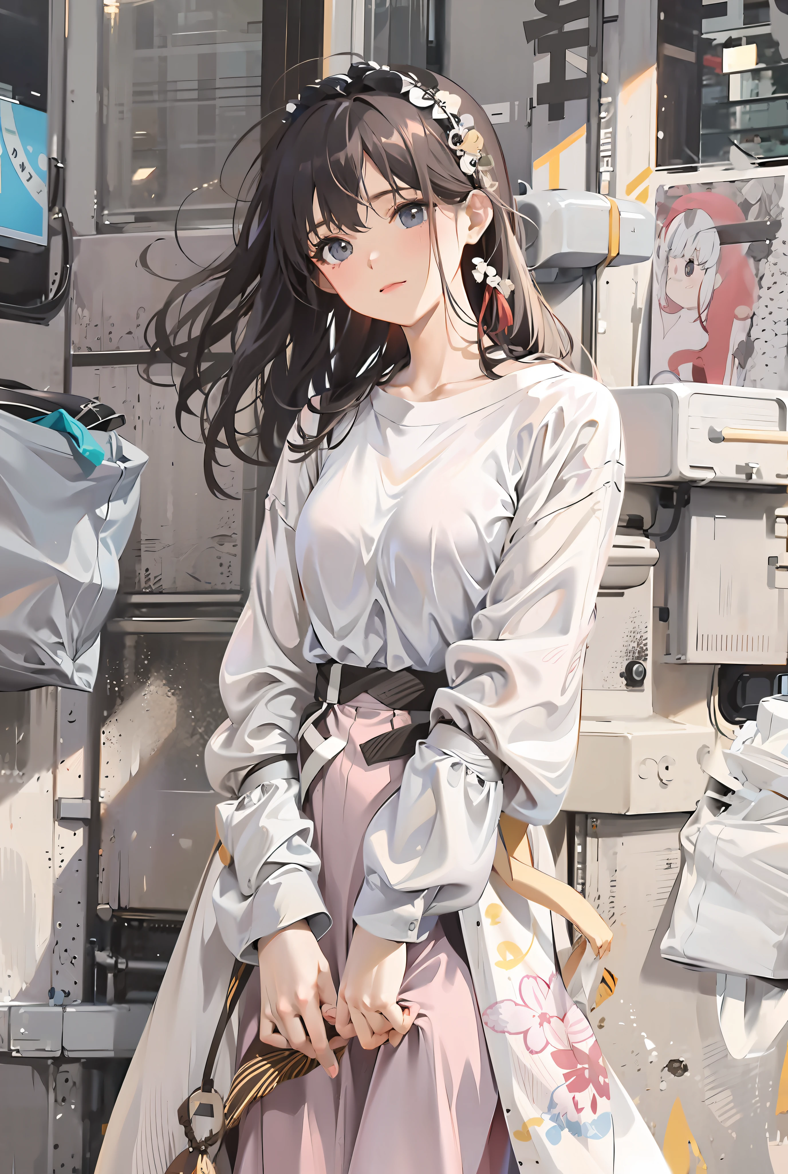 Arapei asian woman posing for photo in long skirt, wearing long and smooth clothes, korean female fashion model, urzang, realistic. Cheng Yi, style anime, cgstation trend, realistic cute girl painting, high quality portrait, cute and elegant pose, cute art style, Cheng Yanjun, young cute girl, white hair, red headdress pajamas