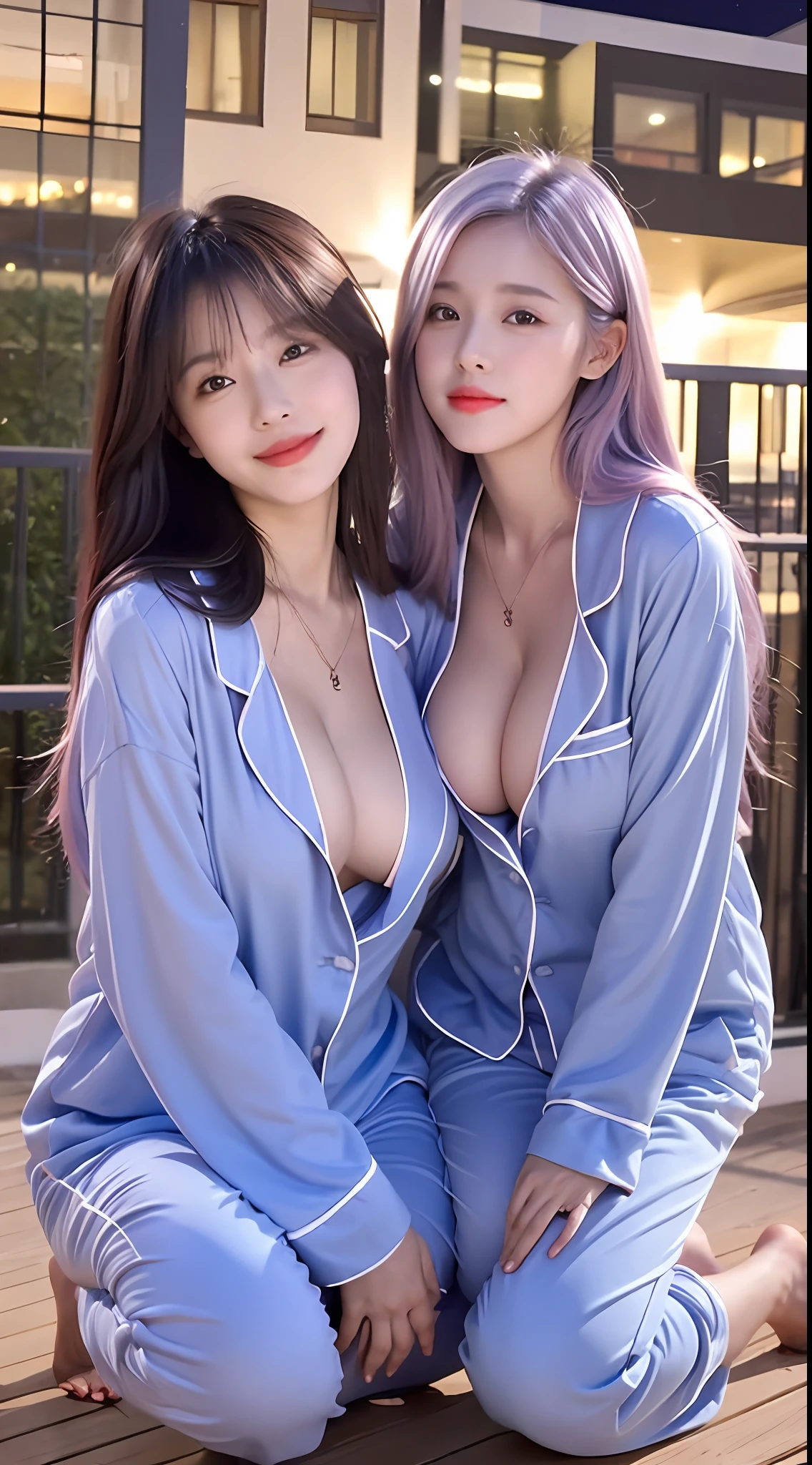 A pair of twin sisters, cute korean singer girl, photo taken on balcony at night, tall, big breasts, squatting with open legs, face to face, in erotic pajamas, cute real girl, outcropped, blue and pink hair, sexy, realistic korean girl, girl, cute schoolgirl, looking at the audience, necklace, delicate makeup