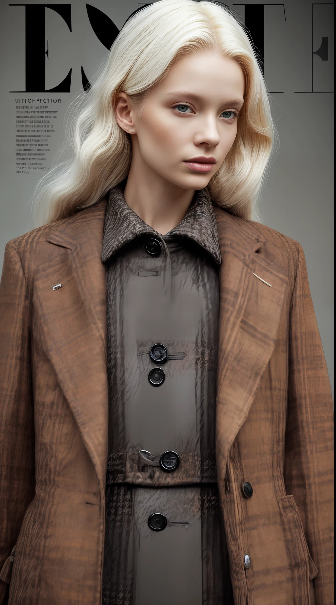 a model ((albino)),(hypopigmentation)with African facial features posing elegant for editorial photo of digital magazine cover, wearing winter clothes, ultra modern plaid wool overcoat, vivid colors intense, detailed, haute couture, ultra detailed finishes, cute look, intricate details, photo editorial style of magazine cover, high fashion, apply editorial environment, masterpiece, highest quality, ultra detailed, high definition,
