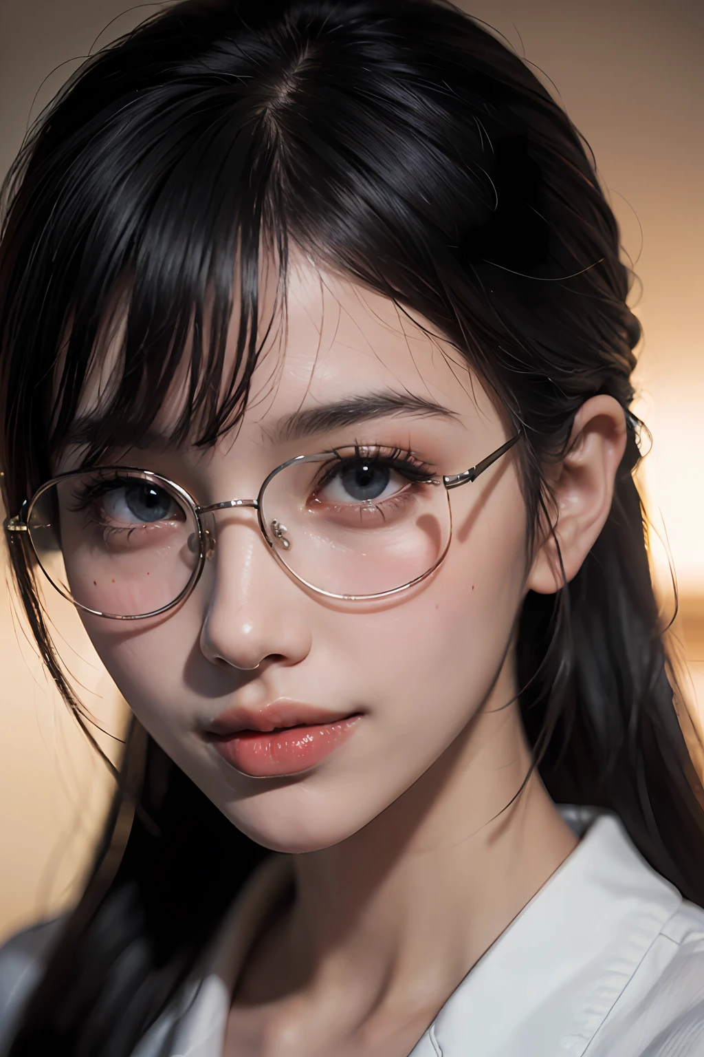 (8k, RAW, Photorealistic: 1.25), (Lip Gloss, Eyelashes, Tear Bags, Crisp Bangs, Glossy Face, Glossy Skin, Best Quality, Ultra High Resolution, Depth of Field, Chromatic Aberration, Caustics, Wide Lighting, Natural Shading, Kpop Idol) glasses, calm, black hair, long hair, smile