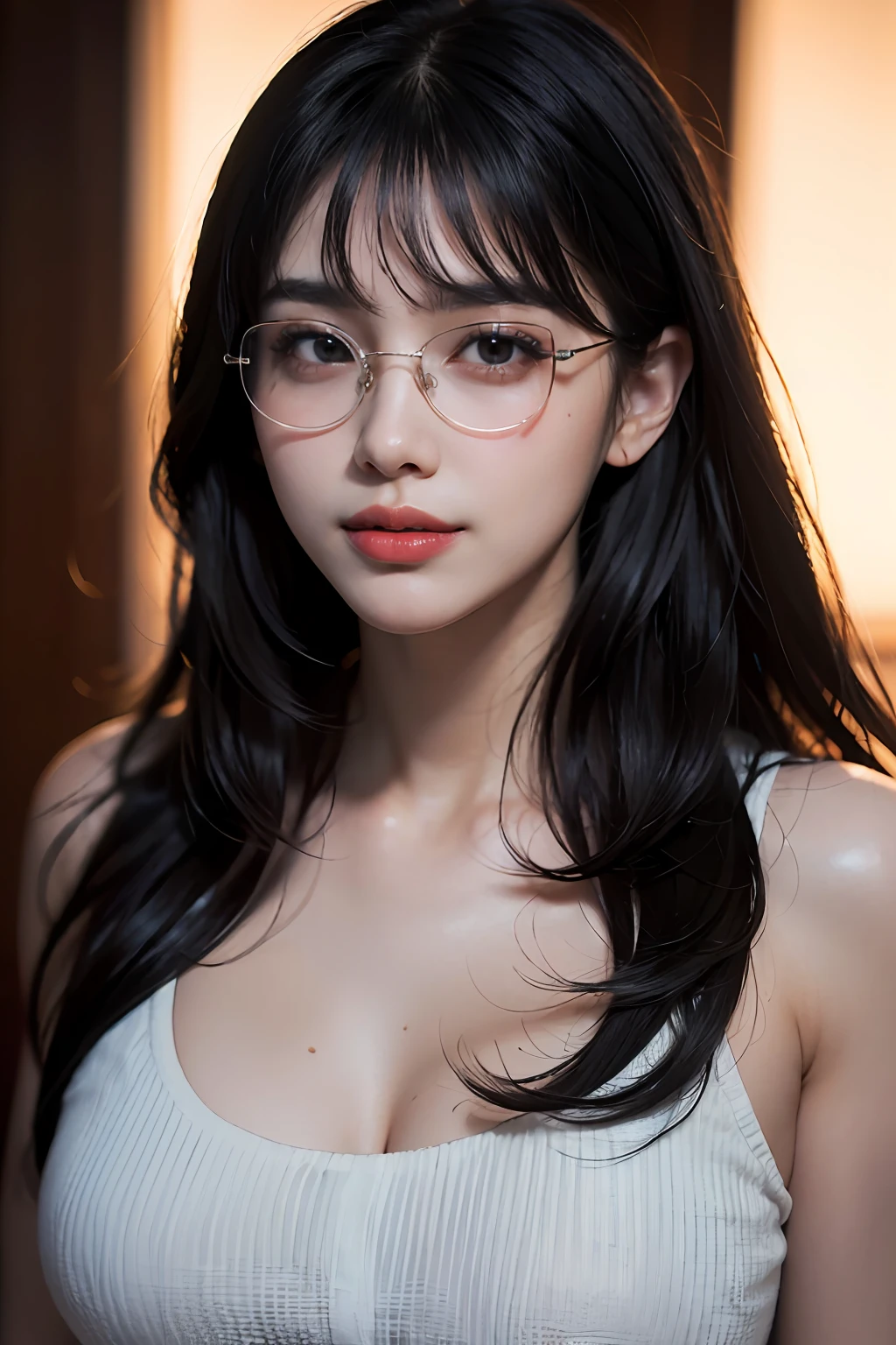 (8k, RAW, Photorealistic: 1.25), (Lip Gloss, Eyelashes, Tear Bags, Crisp Bangs, Glossy Face, Glossy Skin, Best Quality, Ultra High Resolution, Depth of Field, Chromatic Aberration, Caustics, Wide Lighting, Natural Shading, Kpop Idol) glasses, calm, black hair, long hair, smile