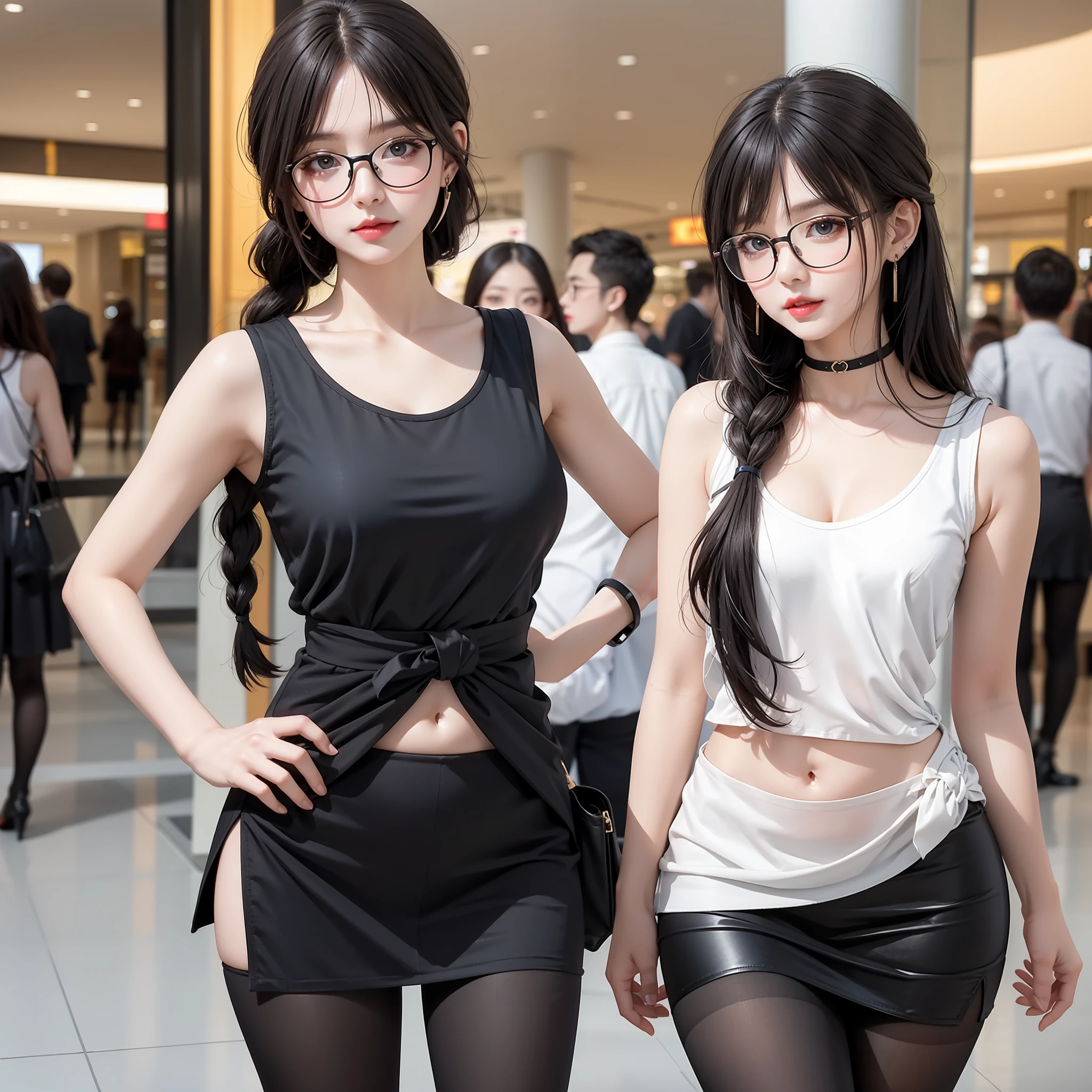 A silly white sweet, wearing glasses, masterpiece, light makeup, flaming red lips, coiled hair, fluffy hair, side braids, side split bangs, shopping mall background, graceful, elegant. Ultra-fine details, master works, real texture, cinematic lighting realism, perfect works, 8k, high definition, exquisite facial features. The upper body is wearing an elastic sleeveless slanted shoulder tight-fitting top, showing the navel and a small waist. The lower body is wearing a beautiful tight hip skirt, sexy black tights, high heels, twisted crotch, and S-shaped curved body. Pear-shaped body. Rounded hips, slender little waist, sexy chest, vest line, collarbone, bright big eyes, smooth skin, earrings, tattoos, short and cute beautiful legs. Deep in the human, cat cherry lips. Perfect waist-hip ratio.