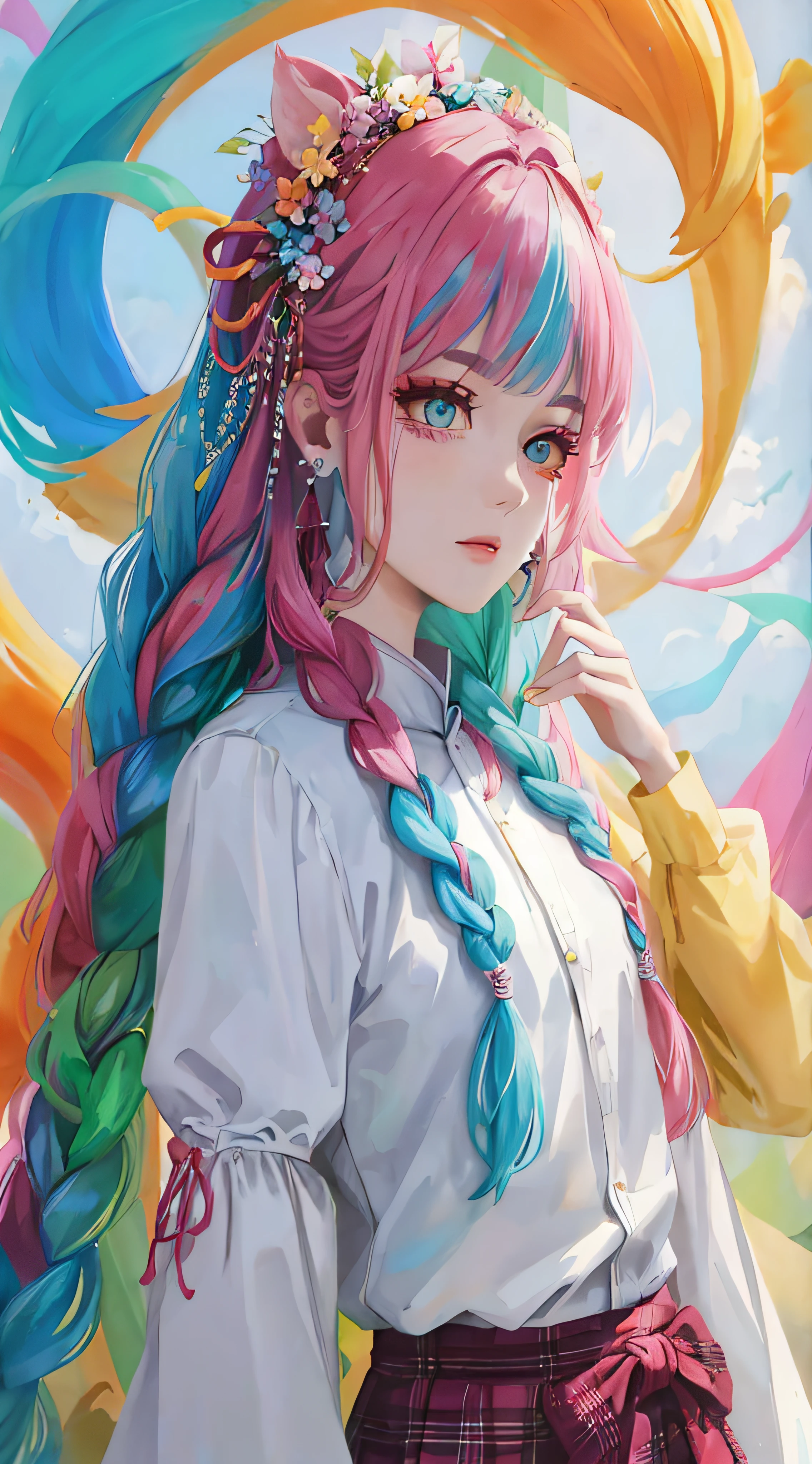 Close-up of a person with long hair and colorful hair, colorful braids, pink double-tailed hair and cyan eyes, anime style 4 K, beautiful anime style, anime girl with cosmic hair, anime art style, young anime girl, beautiful anime art style, anime style. 8k, long-haired anime girl, beautiful anime girl, beautiful anime portrait (masterpiece, top quality, best quality, official art, beauty and aesthetic: 1.2), (1girl: 1.3), very detailed, (fractal art: 1.1), (color: 1.1) (flowers: 1.3), most detailed, (zentangle: 1.2), (dynamic pose), (abstract background: 1.3), ( Chinese dress:1.2), (shiny skin), (many colors:1.4), ,(earrings:1.4),