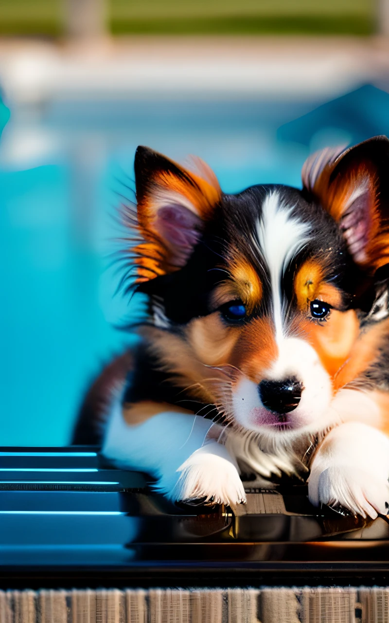 hyper Quality,Cute two Shetland Sheepdog puppies,different body colors,swimming in the pool,black eyes,barking,narrow eyes,smile,eos r3 28mm