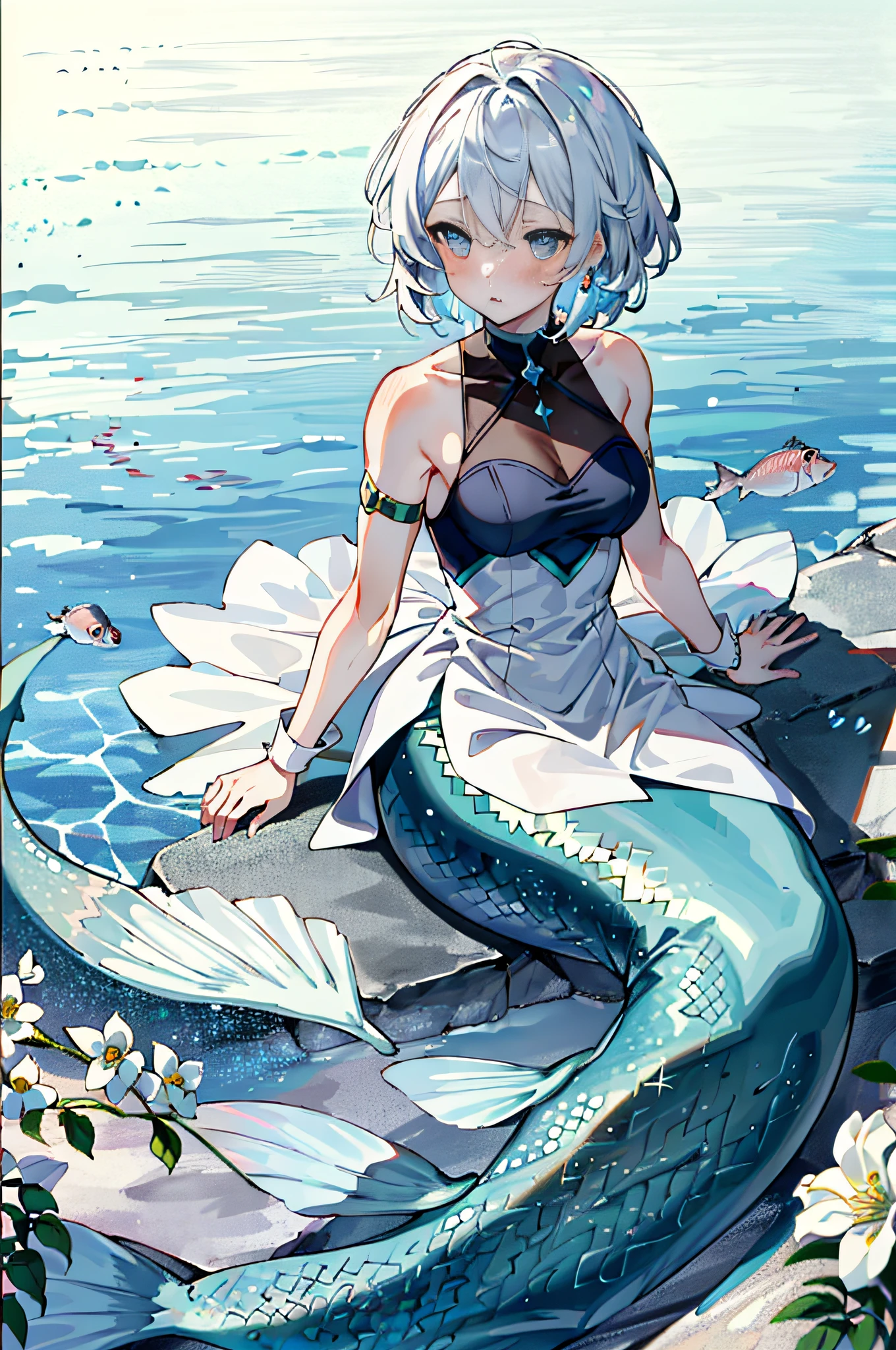 Complex background, extreme detail, masterpiece, superlative, absurd, original, best quality, deep sea, under the surface, 1girl, mermaid, tail, scales, sparkling, blush, solo, white yarn, white hair, short hair, bare shoulders, sleeveless, dress, jewelry, flowers, schools of fish, bubbles, bright colors