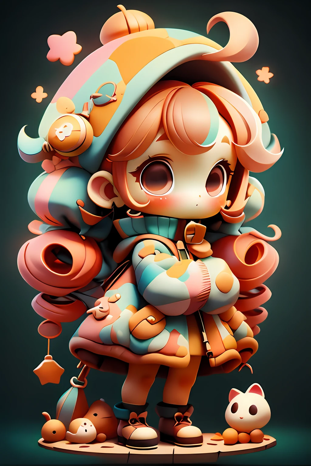 plastican00d, 1girl, chibi, amber, twin drills, medium brown, luxury fabrics, dithering, Far-reaching,looking at viewer, striped background