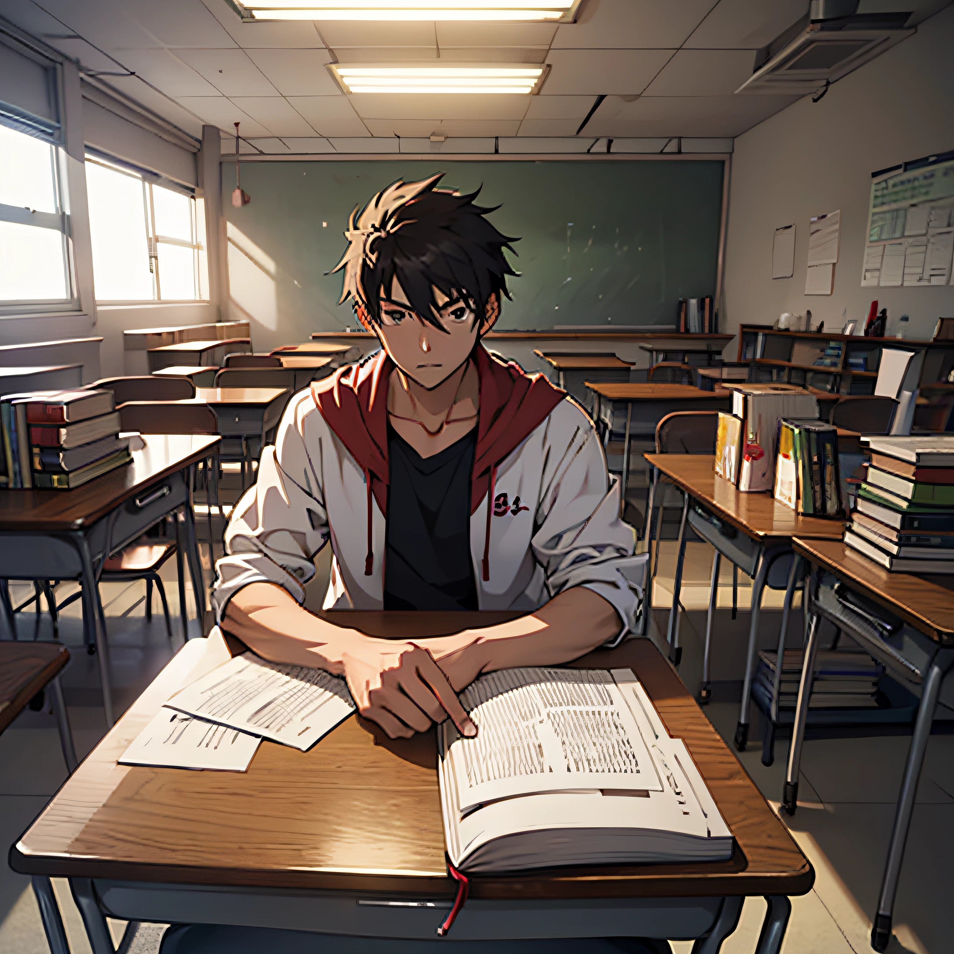 Anime Style: A male student sits in a senior classroom, with a ceiling fan and a desk piled with books --auto