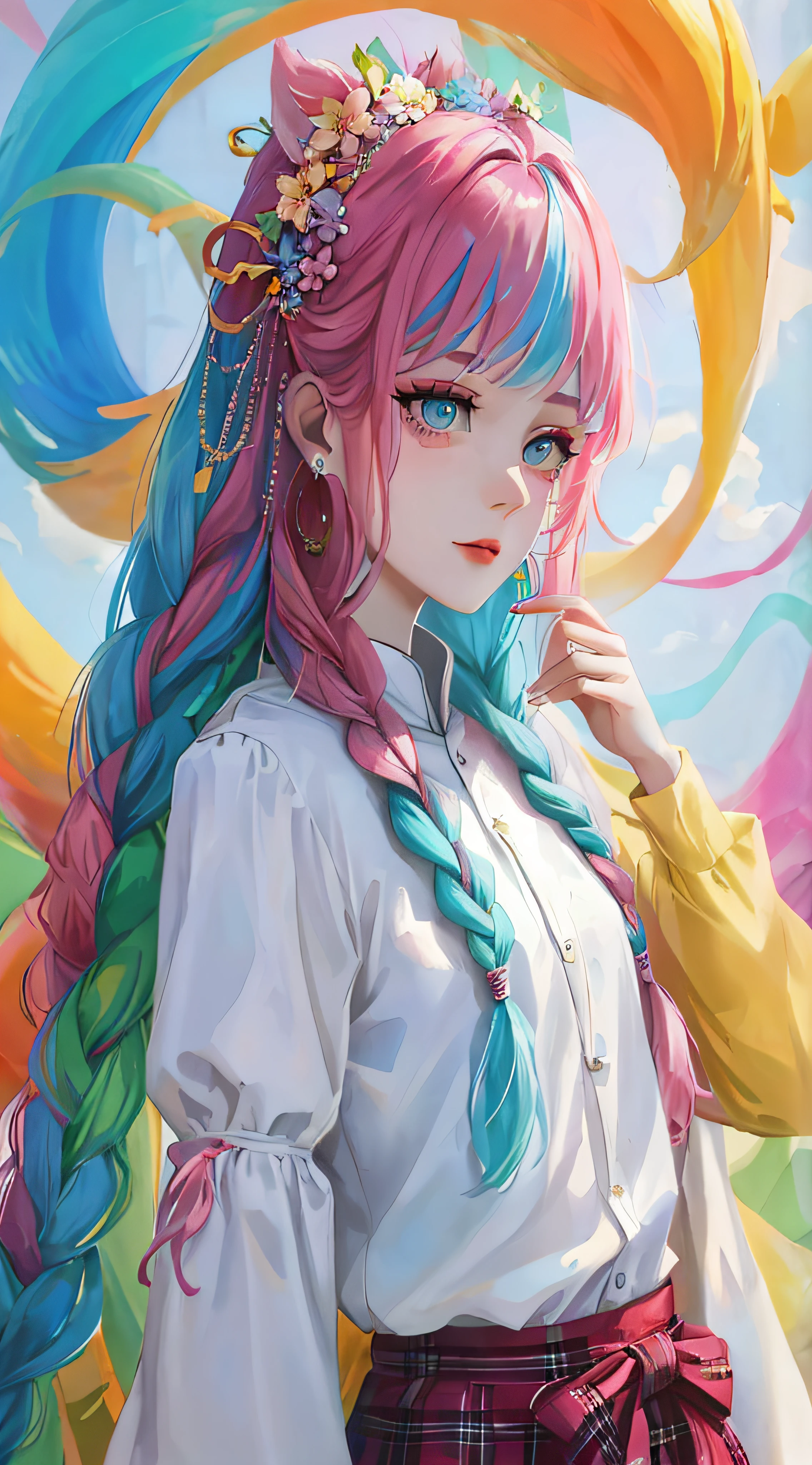 Close-up of a person with long hair and colorful hair, colorful braids, pink double-tailed hair and cyan eyes, anime style 4 K, beautiful anime style, anime girl with cosmic hair, anime art style, young anime girl, beautiful anime art style, anime style. 8k, long-haired anime girl, beautiful anime girl, beautiful anime portrait (masterpiece, top quality, best quality, official art, beauty and aesthetic: 1.2), (1girl: 1.3), very detailed, (fractal art: 1.1), (color: 1.1) (flowers: 1.3), most detailed, (zentangle: 1.2), (dynamic pose), (abstract background: 1.3), ( Chinese dress:1.2), (shiny skin), (many colors:1.4), ,(earrings:1.4),