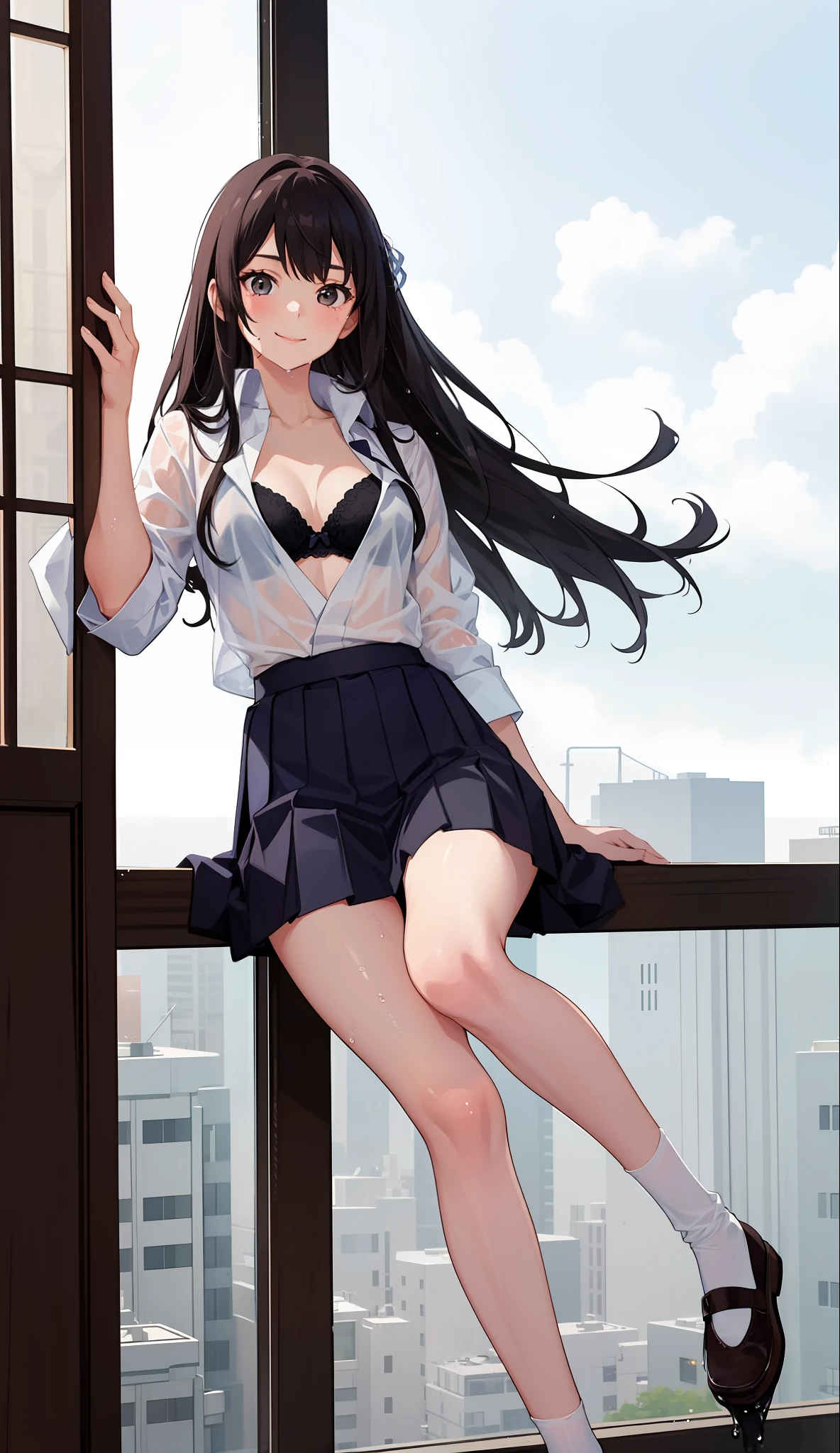 1 girl, smile, shirt, skirt, (small) chiralism, Japan high school school uniform, seravuk, summer clothes, squall-wet uniform, sheer bra, (portrait from knee up),