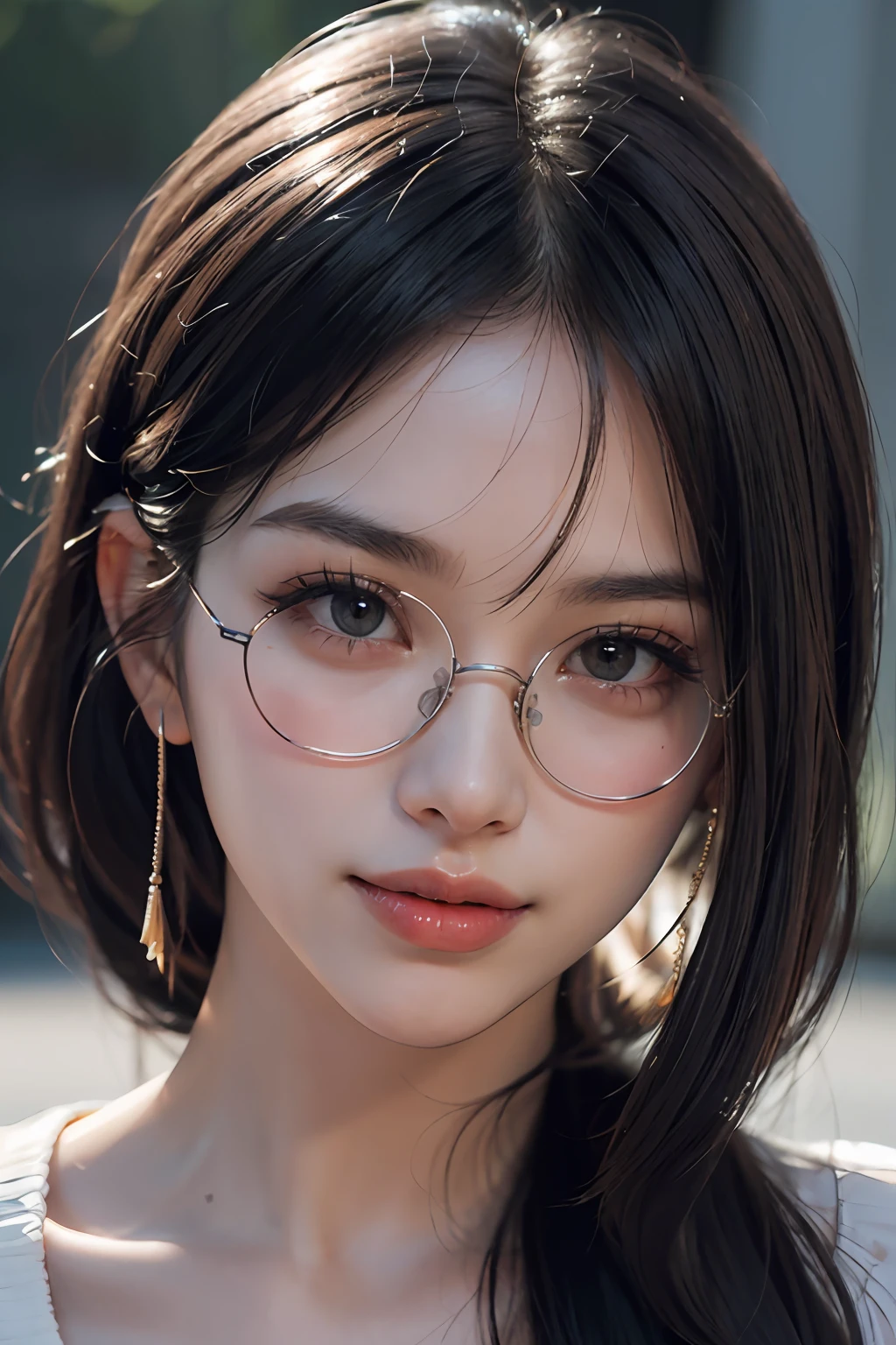(8k, RAW, Photorealistic: 1.25), (Lip Gloss, Eyelashes, Tear Bags, Crisp Bangs, Glossy Face, Glossy Skin, Best Quality, Ultra High Resolution, Depth of Field, Chromatic Aberration, Caustics, Wide Lighting, Natural Shading, Kpop Idol) glasses, calm, black hair, long hair, smile