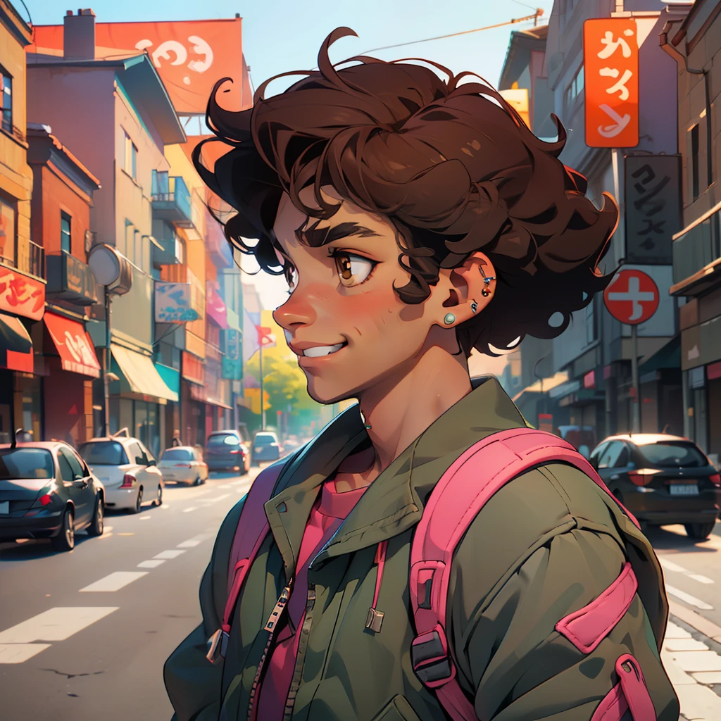 ((masterpiece)), ((best quality)), ((anime style profile)), ((brown skin)), a 20 year old boy, ((male face)), ((light brown eyes)) , ((perfect)), eyebrow, nose, ear, ((ear piercing)), mouth, smile, ((teeth showing)), ((curly hair)), neck, shoulders, arms, ((long-sleeved shirt )), ((sweatpants)), ((sneakers)), backpack, background scenery
