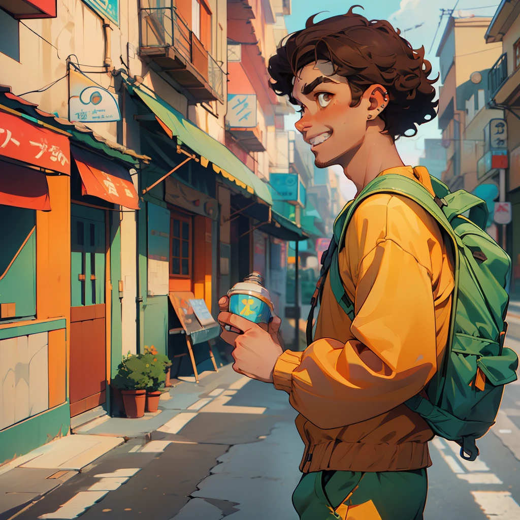 ((masterpiece)), ((best quality)), ((anime style profile)), ((brown skin)), a 20 year old boy, ((male face)), ((light brown eyes)) , ((perfect)), eyebrow, nose, ear, ((ear piercing)), mouth, smile, ((teeth showing)), ((curly hair)), neck, shoulders, arms, ((long-sleeved shirt )), ((sweatpants)), ((sneakers)), backpack, background scenery