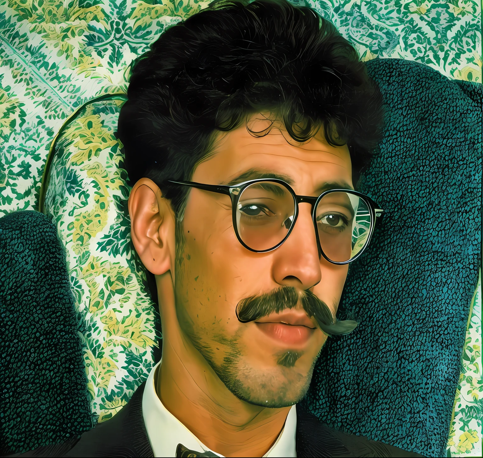 there is a man with glasses and a mustache sitting in a chair, shabab alizadeh, portrait shot, with glasses and goatee, taken in the early 1990s, from 1986, photo taken in 1989, hicham habchi, farid ghanbari, in 1 9 9 5, jewish young man with glasses