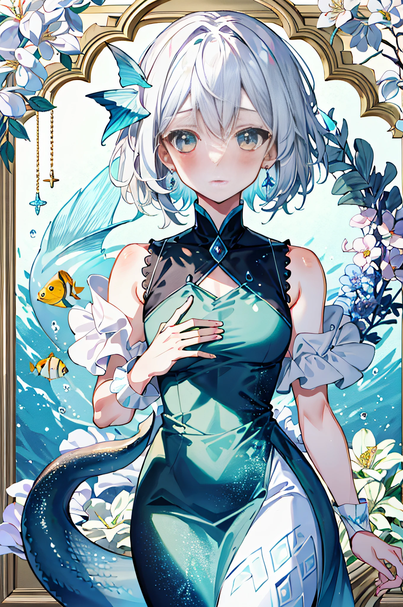 Complex background, extreme detail, masterpiece, superlative, absurd, original, best quality, deep sea, under the surface, 1girl, mermaid, tail, scales, sparkling, blush, face close-up, poster, solo, white yarn, white hair, short hair, bare shoulders, sleeveless, dress, jewelry, flowers, schools of fish, bubbles, bright colors