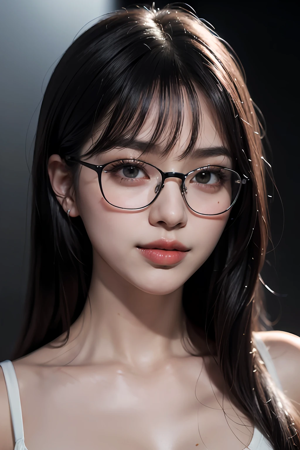 (8k, RAW, Photorealistic: 1.25), (Lip Gloss, Eyelashes, Tear Bags, Crisp Bangs, Glossy Face, Glossy Skin, Best Quality, Ultra High Resolution, Depth of Field, Chromatic Aberration, Caustics, Wide Lighting, Natural Shading, Kpop Idol) glasses, calm, black hair, long hair, smile,