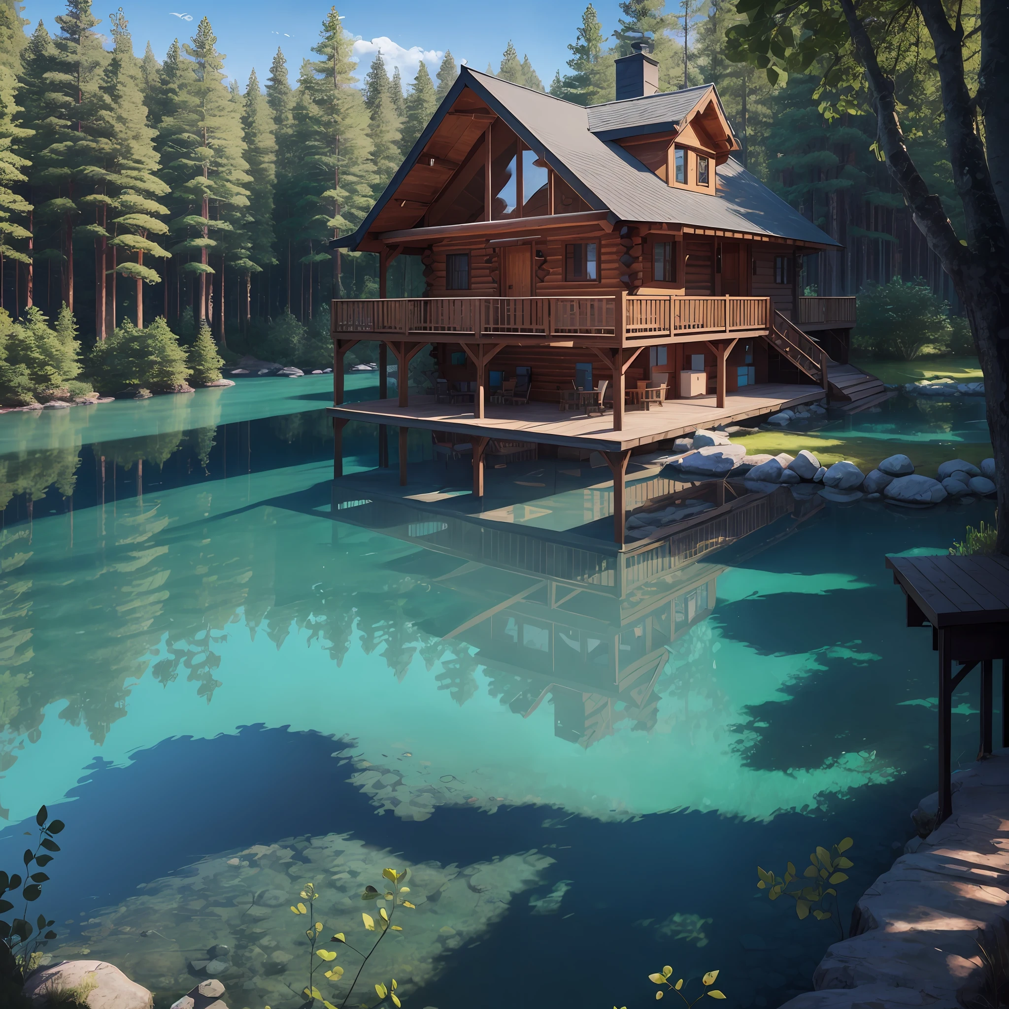 A beautiful cabin next to a lake of crystal clear waters, surrounded by majestic trees and inhabited by magical creatures. Highly defined details in high resolution and 8K. --auto