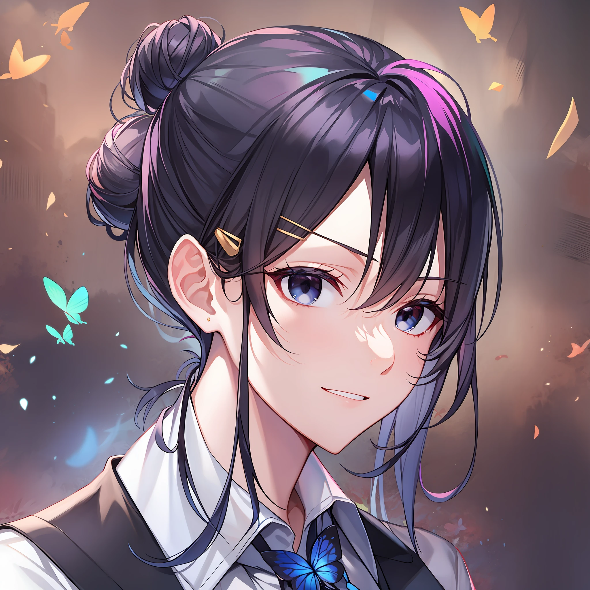 Black hair, black eyes, coiled hair, hair bun, blue butterfly shaped hairpin, school uniform, high school, tall, fit, confident, powerful, energetic, full of details, correct details, official quality, handsome