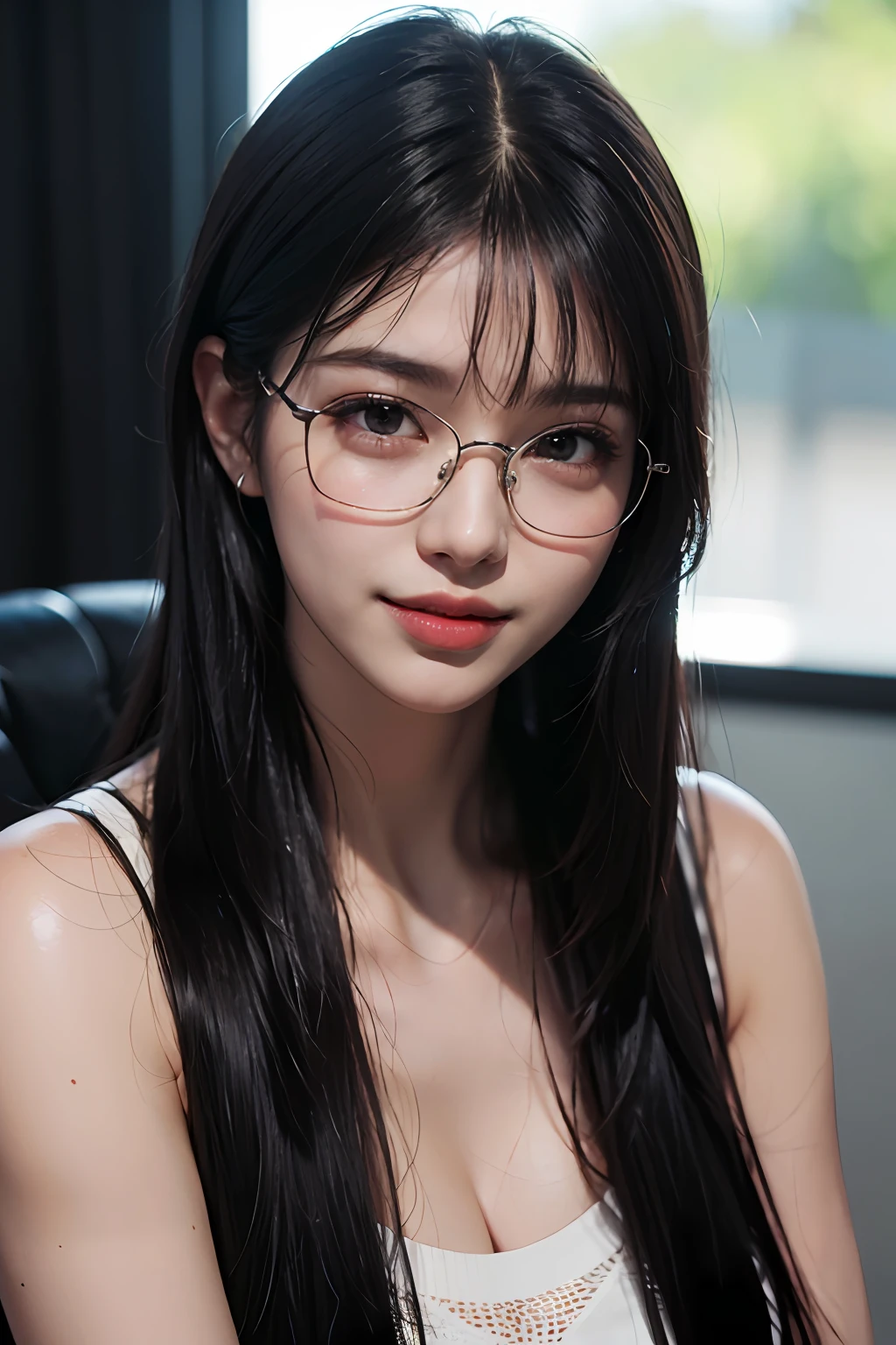 (8k, RAW, Photorealistic: 1.25), (Lip Gloss, Eyelashes, Tear Bags, Crisp Bangs, Glossy Face, Glossy Skin, Best Quality, Ultra High Resolution, Depth of Field, Chromatic Aberration, Caustics, Wide Lighting, Natural Shading, Kpop Idol) glasses, calm, black hair, long hair, smile,