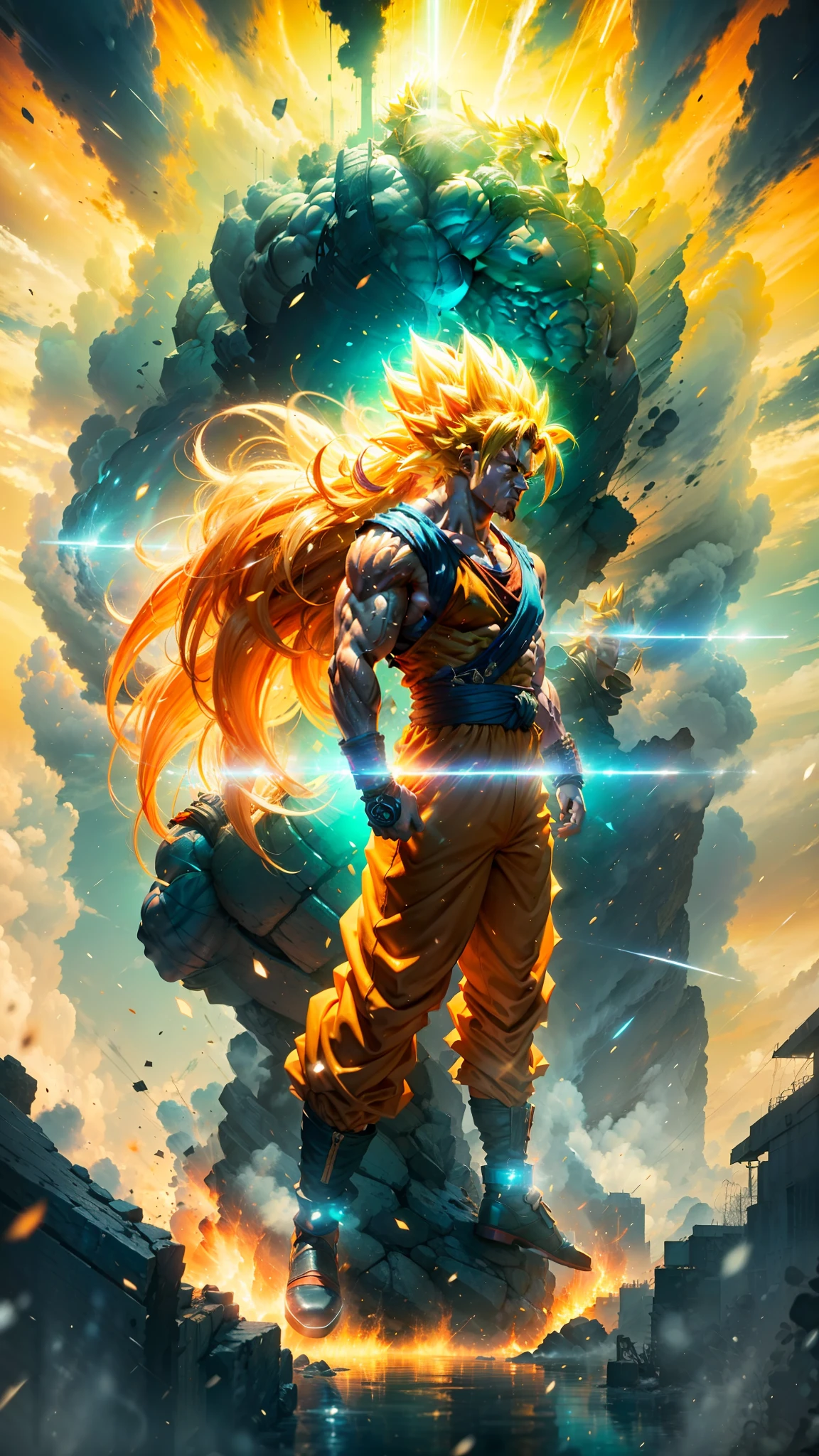 Goku super saiyan 3, Adult man with long neon golden hair extremely muscular, defined muscles full of veins, dark orange colored clothing, blue bracelets on the wrists, serious face, muscle definition, large shoulders, rounded biceps, unreal engine 5.8k.