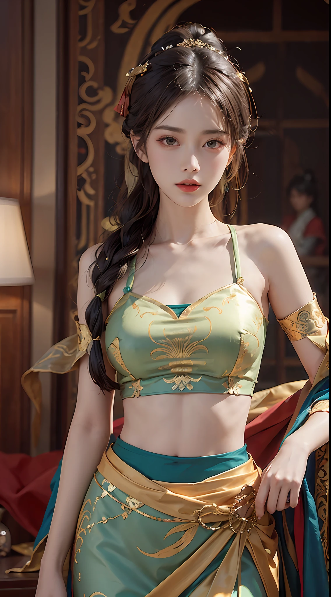 (RAW, Best Quality), Realistic, (Photorealistic Real: 1.3), Best Quality, High Detail, Masterpiece, Extremely detailed, Illustration, 1 25 year old goddess, upper body , Dynamic Angle, mess_long_hair, Best Quality, 8k Wallpaper, extremely detailed dunhuang uniform, Ink, Amazing, Cinematic Lighting, lens_flare, dunhuang_style, Sexy, Crop Top, Delicate Collarbone, Patterned Stockings, Gold Pattern all over body, an ancient goddess, ao dai style Han costume, dress dunhuang, (style dunhuang phi Thien: 1.8)