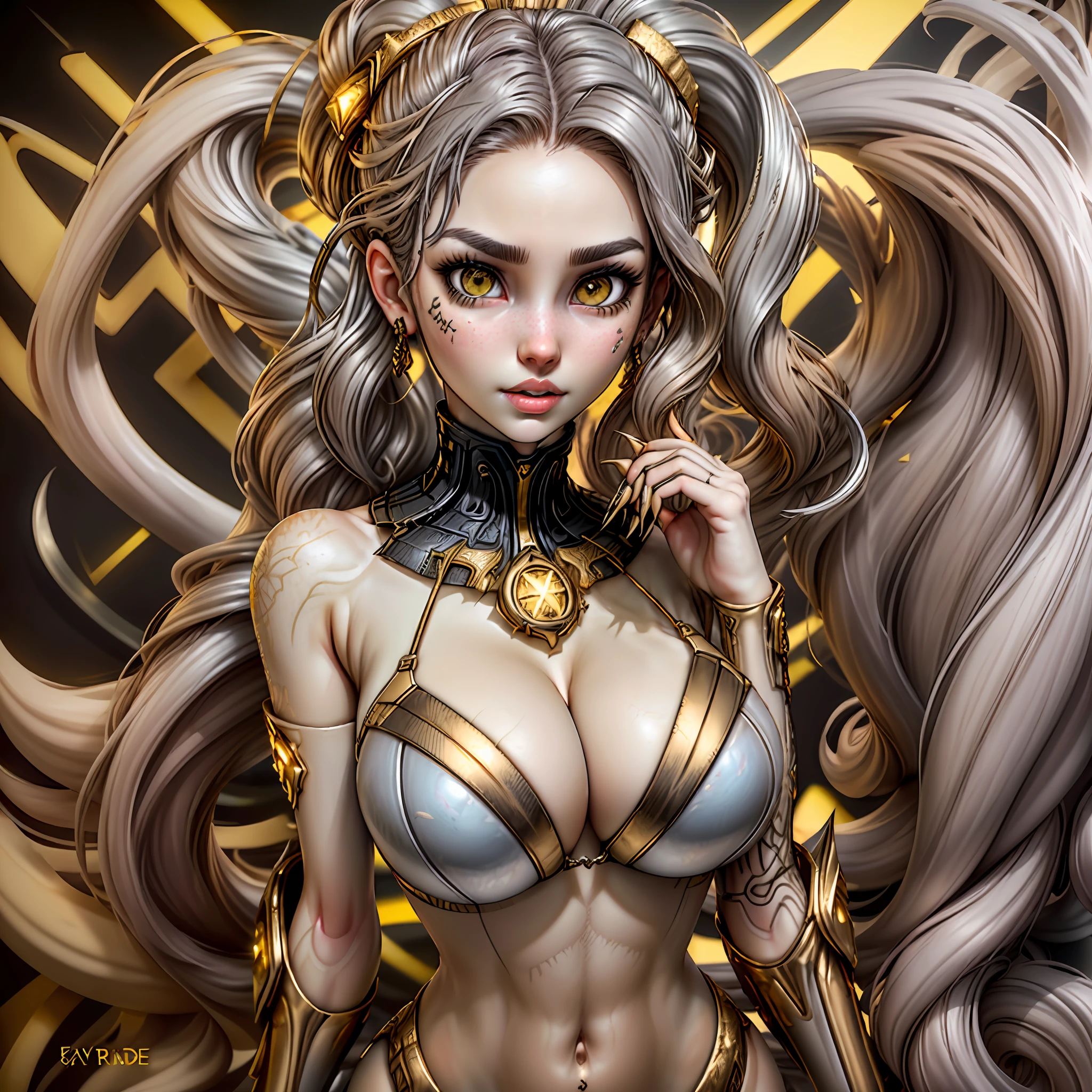(((Kitty Pryde Cosplay Girl)))), Katherine Anne, cleavage, (((extreme long sharp nails silver))) (white girl), (white skin:1.25), long (light brown) hair in all background, (light brown) hair with long ponytail, (cognac eyes), (((yellow|gold) bikini) with (black|navi) details), big x-men logo background, showing wolverine hand claws, expression of hate, long_ponytail_hairstyle