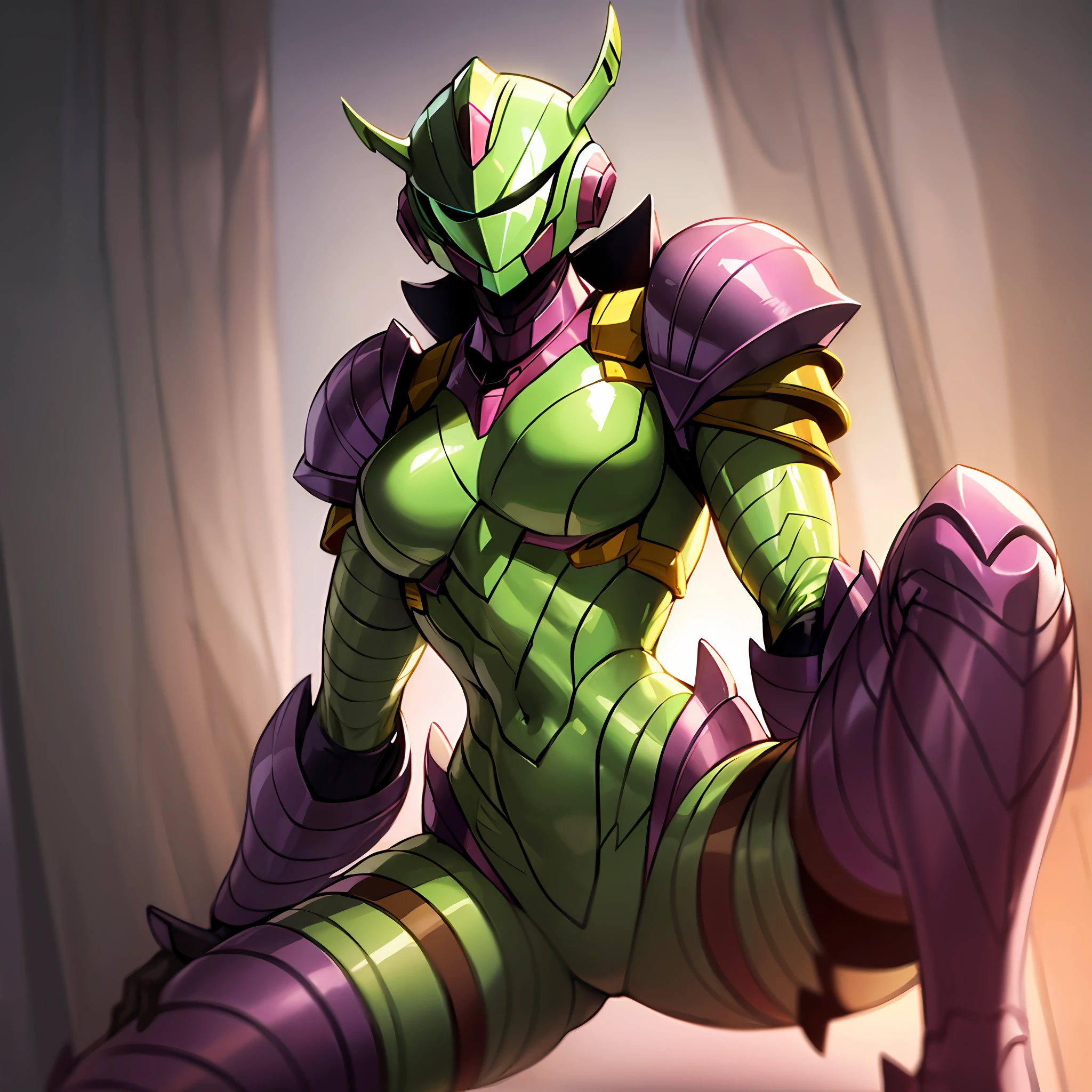 Hot insect shell woman, Guyver style, evil smile, scaraber reploid, bellows tail, cel shade adult animation, alien queen, metroid suit