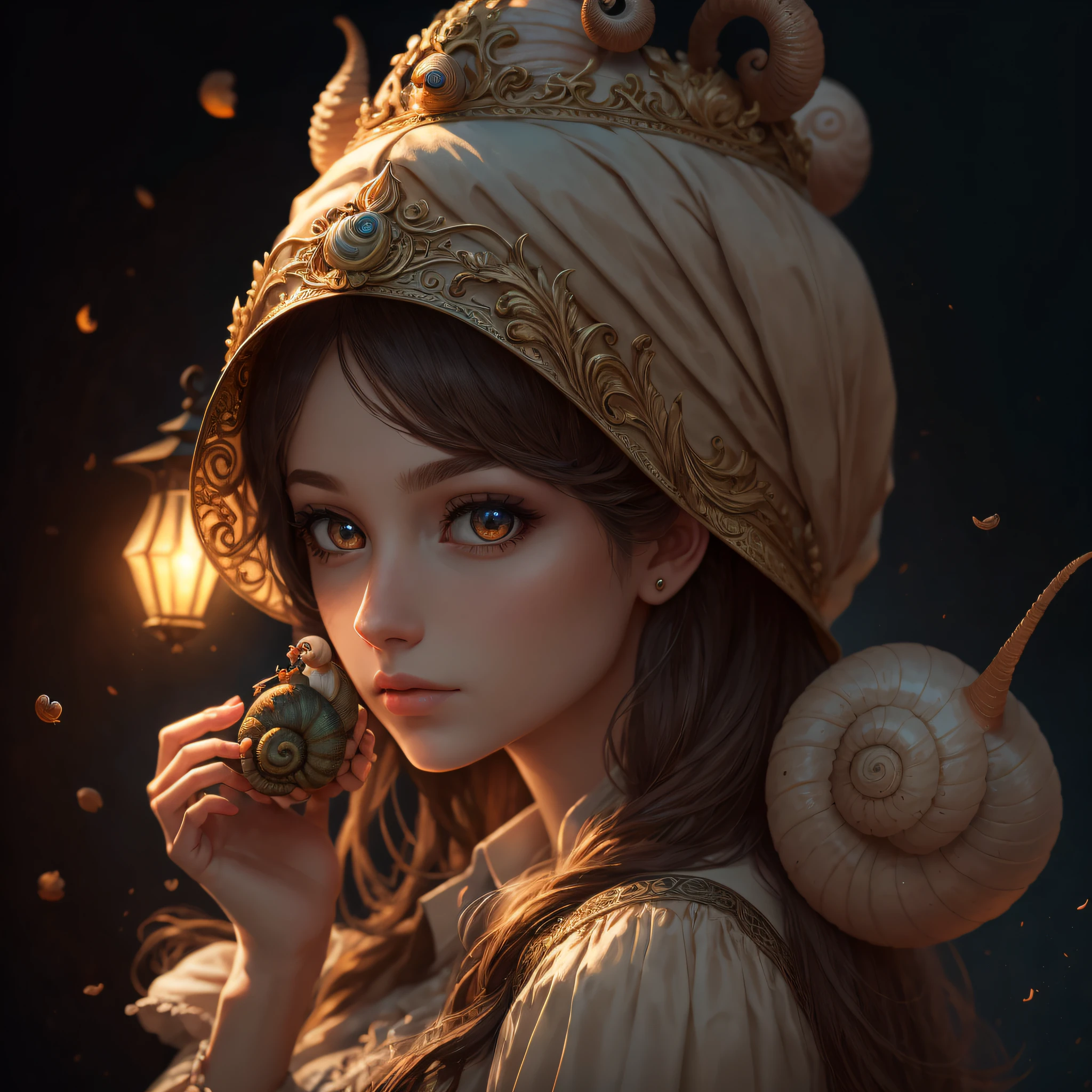 woman with snail in place of hat on head, (masterpiece, best quality, high quality, highres: 1.4), detailed, extremely detailed, soft ambient lighting, 48, ornate, --auto