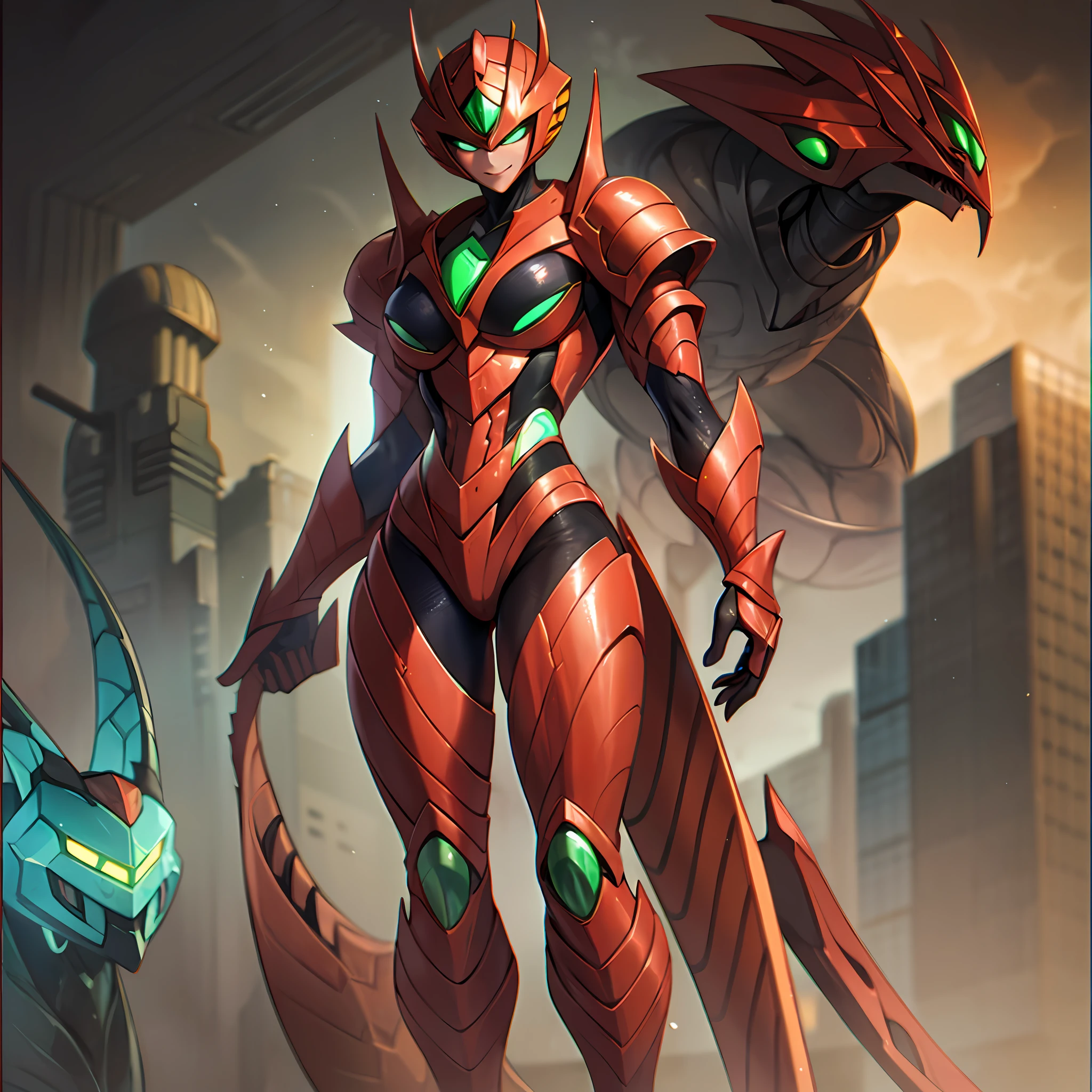 Hot insect shell woman, Guyver style, evil smile, scaraber reploid, bellows tail, cel shade adult animation, alien queen, metroid suit