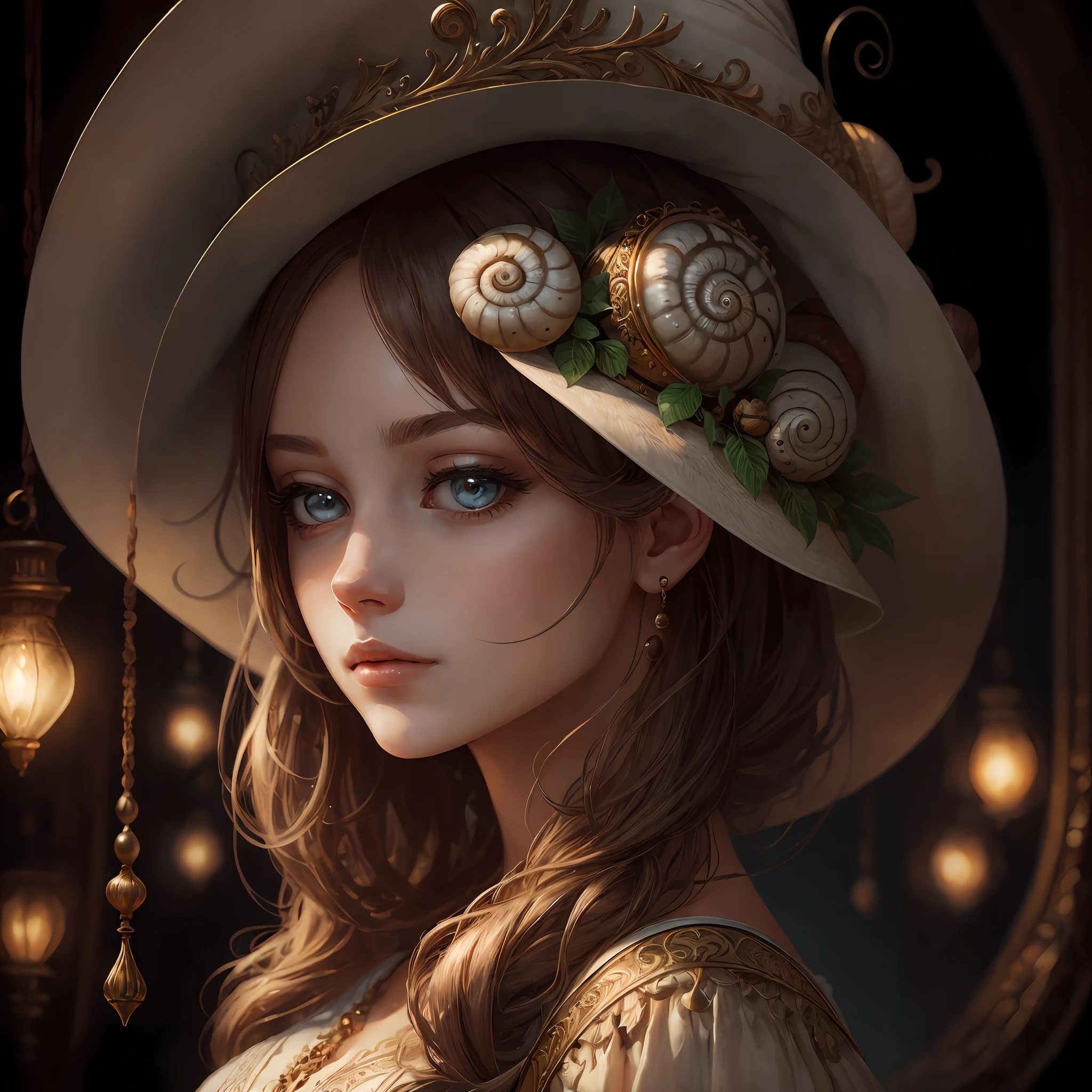 woman with snail in place of hat on head, (masterpiece, best quality, high quality, highres: 1.4), detailed, extremely detailed, soft ambient lighting, 48, ornate, --auto