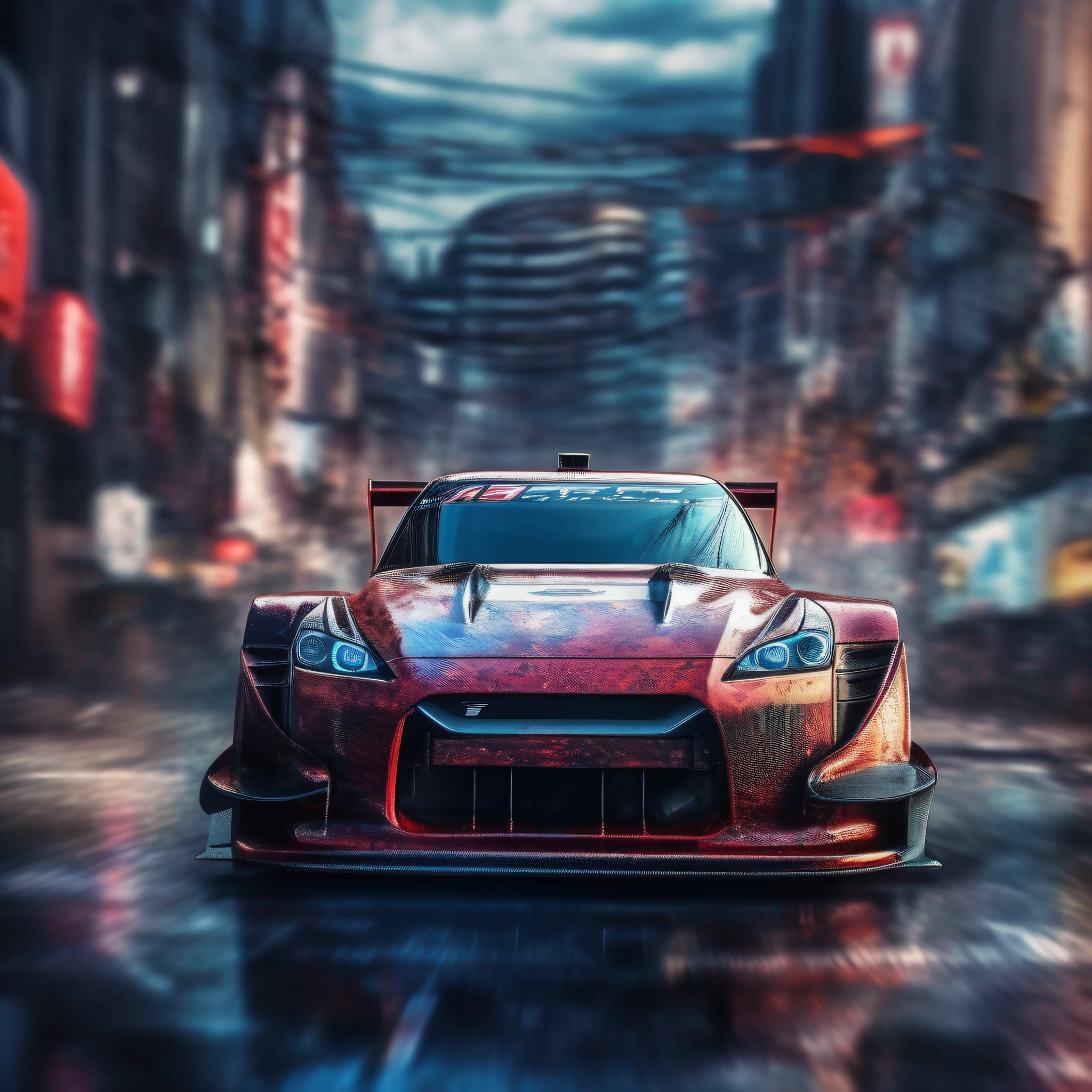(masterpiece, high image quality) an insane future skyline race car, nismo, in a fururious city, radial background blur