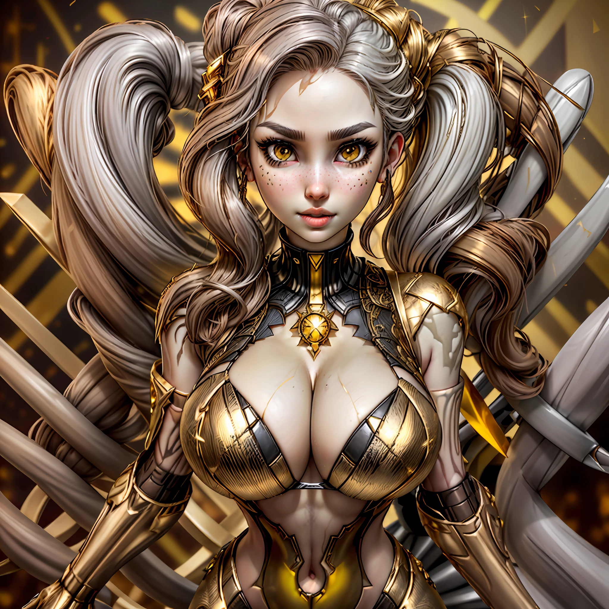 (((Kitty Pryde Cosplay Girl)))), Katherine Anne, cleavage, (((extreme long sharp nails silver))) (white girl), (white skin:1.25), long (light brown) hair in all background, (light brown) hair with long (big ponytail), (cognac eyes), (((yellow|gold) bikini) with (black|navi) details), big x-men logo background, showing wolverine hand claws, expression of hate