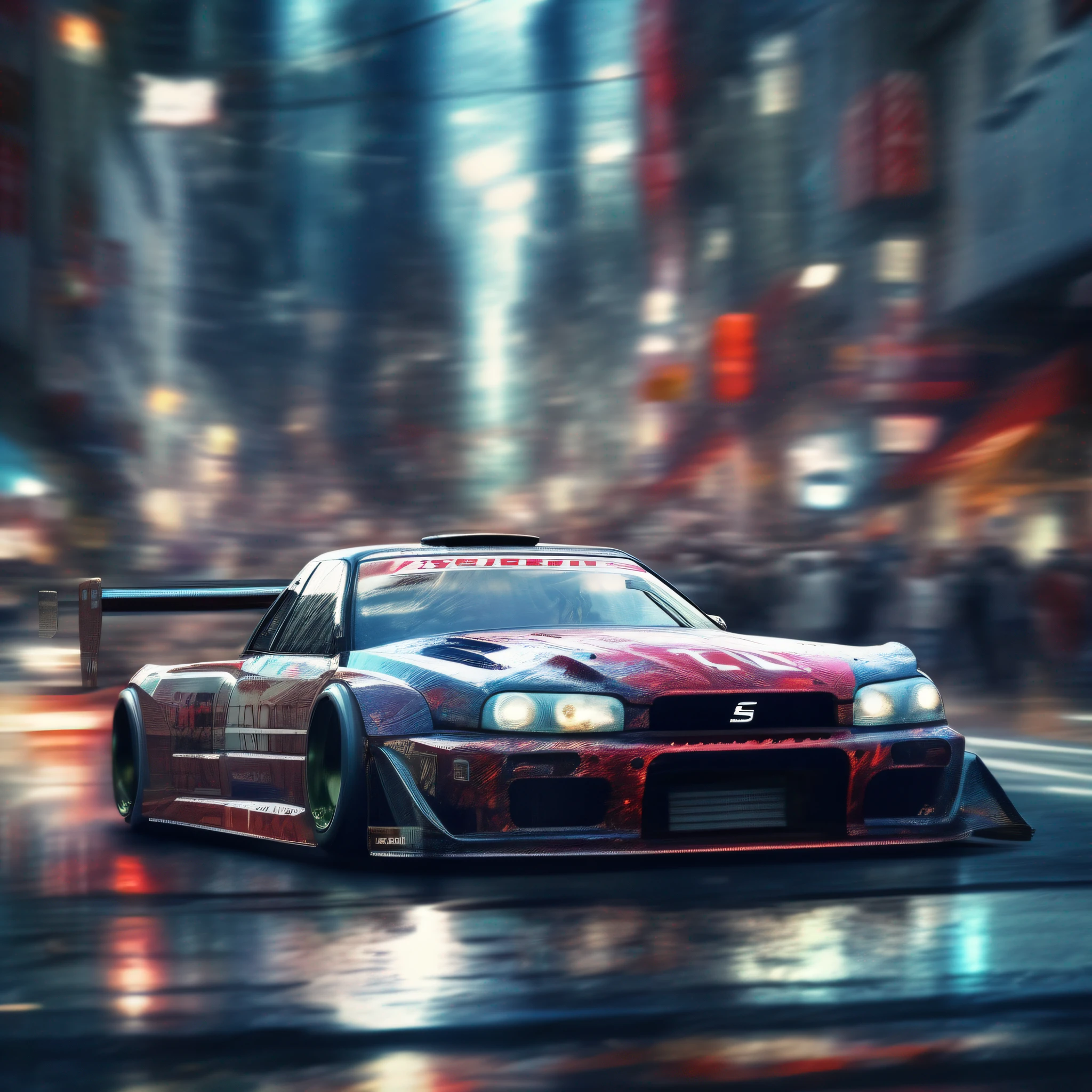 (masterpiece, high image quality) an insane future skyline race car, nismo, in a fururious city, radial background blur