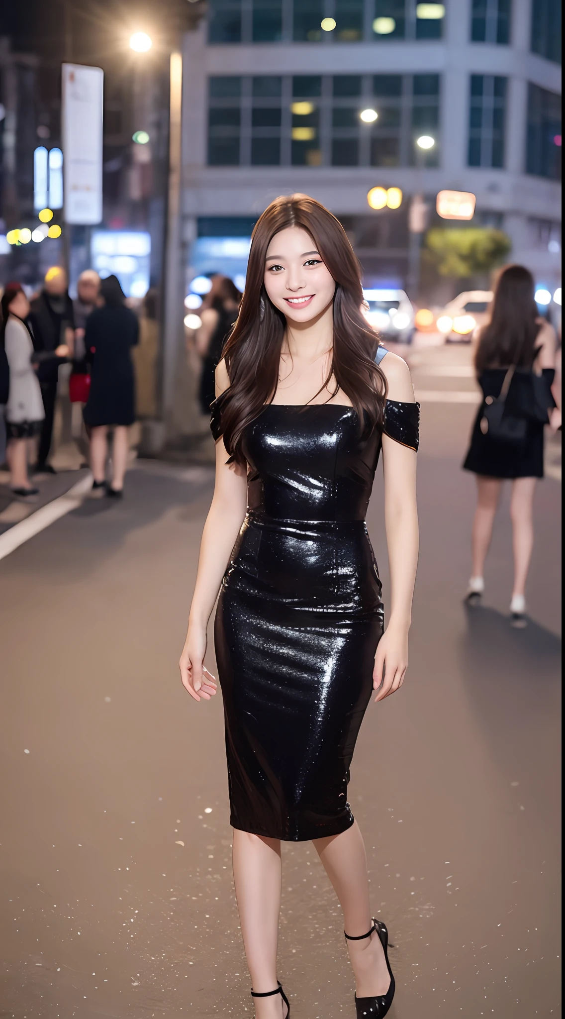 ((Best quality, 8k, Masterpiece :1.3)), 1girl, smiling, full body, slim face, Pretty woman, (Dark brown hair), full length dress :1.1, Ultra-detailed face, Detailed eyes, Double eyelid, blur background, slim face, city, outside, street,
