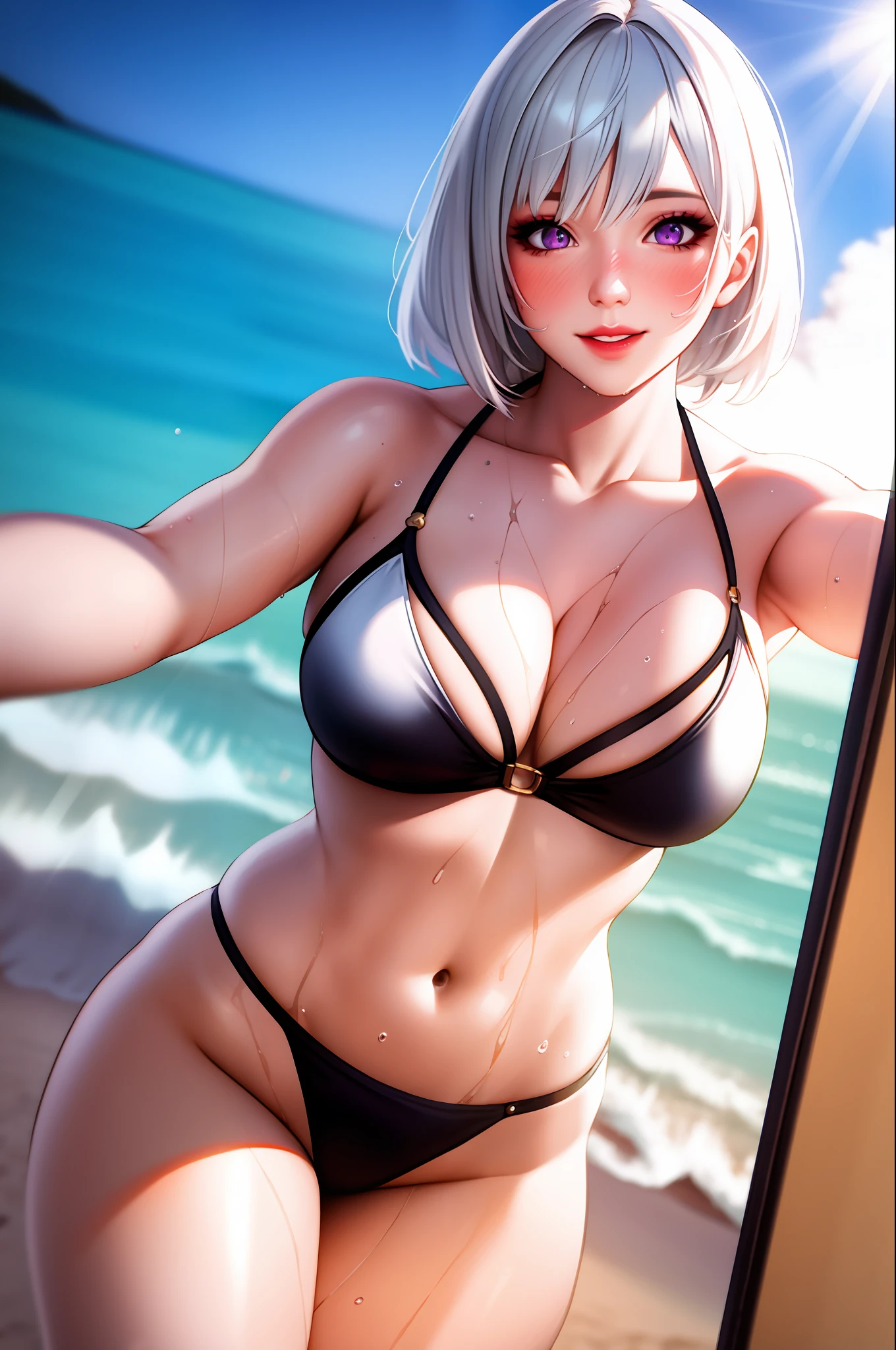 realistic, selfie, 1girl, white hair, purple eyes, parted lips, blush, makeup, light smile, bikini, beach, sweat, wet, light rays, glow, thighs, collarbone, narrow waist, (masterpiece), wallpaper