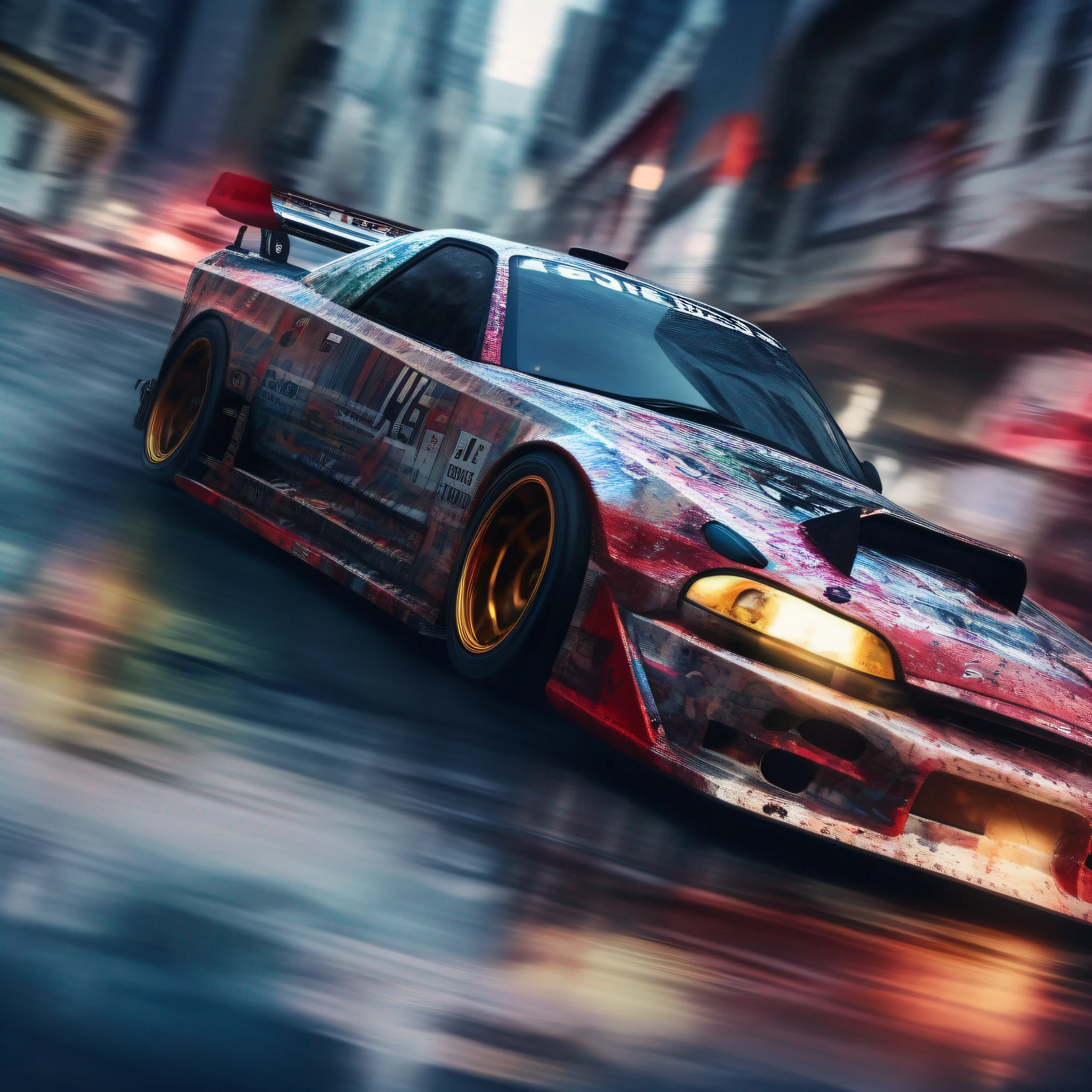 (masterpiece, high image quality) an insane future skyline race car, nismo, in a fururious city, radial background blur