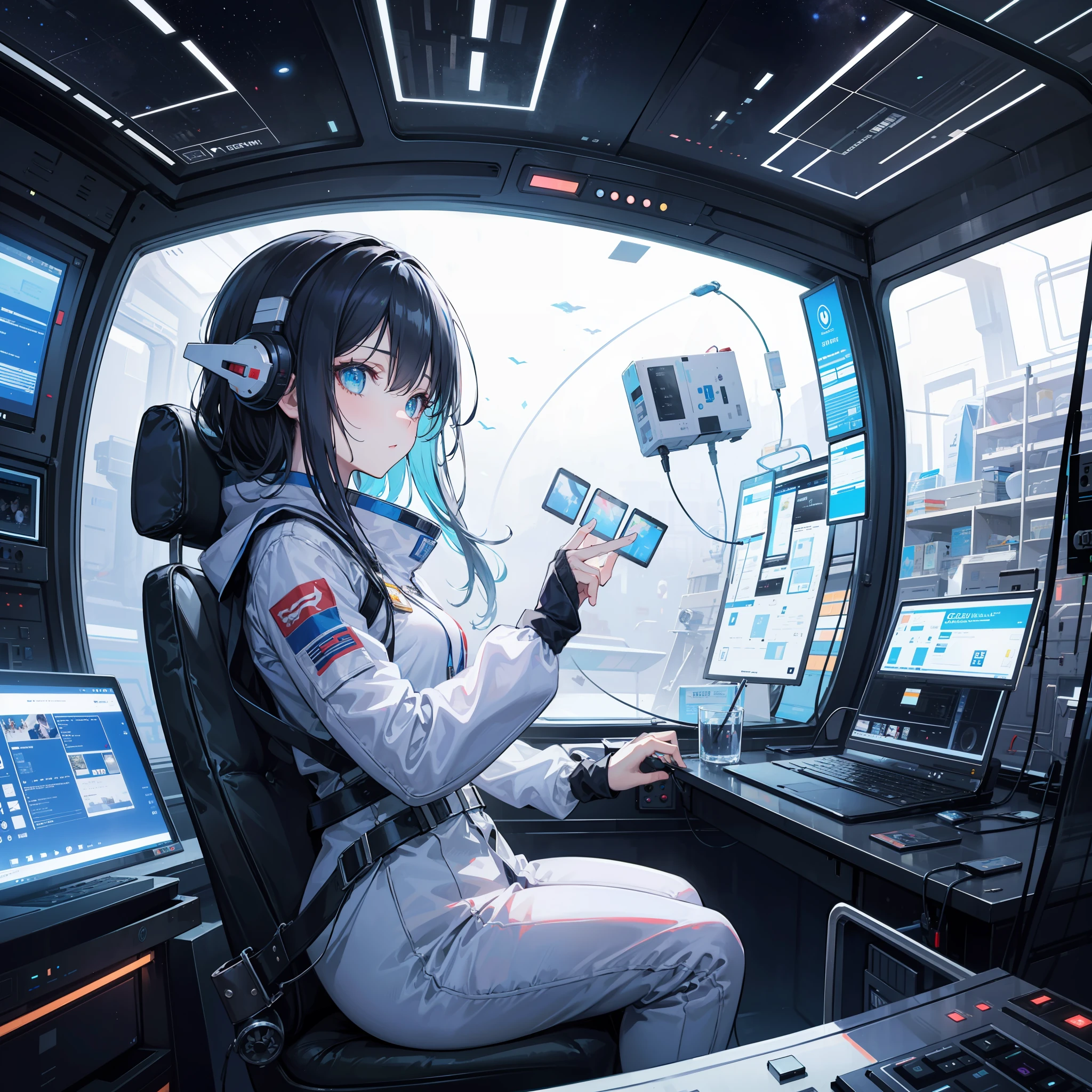 cute girl in a spaceship, sitting, playing buttons, drinking, tecnological, space suit, without helmet, glass, space window, gorgeous, screens, (masterpiece), best quality, expressive eyes, perfect face, sensual, colorfull eyes, reflections,amazing, side view