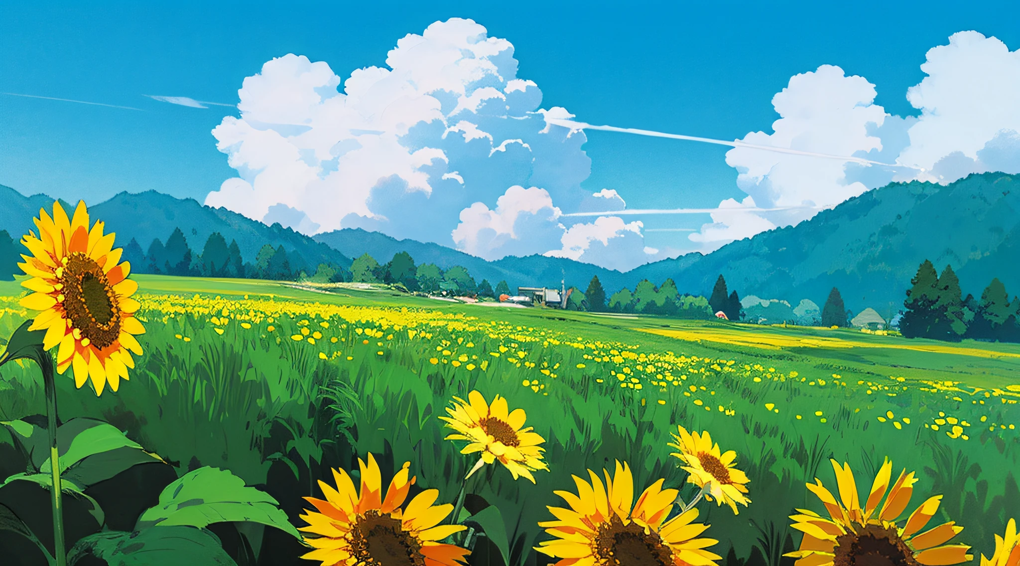 (((best quality))),blue_sky, cloud, cloudy_sky, condensation_trail, dandelion, day, field, flower, flower_field, holding_flower, horizon, kazami_yuuka, mountain, mountainous_horizon, outdoors, sky, straw_hat, summer