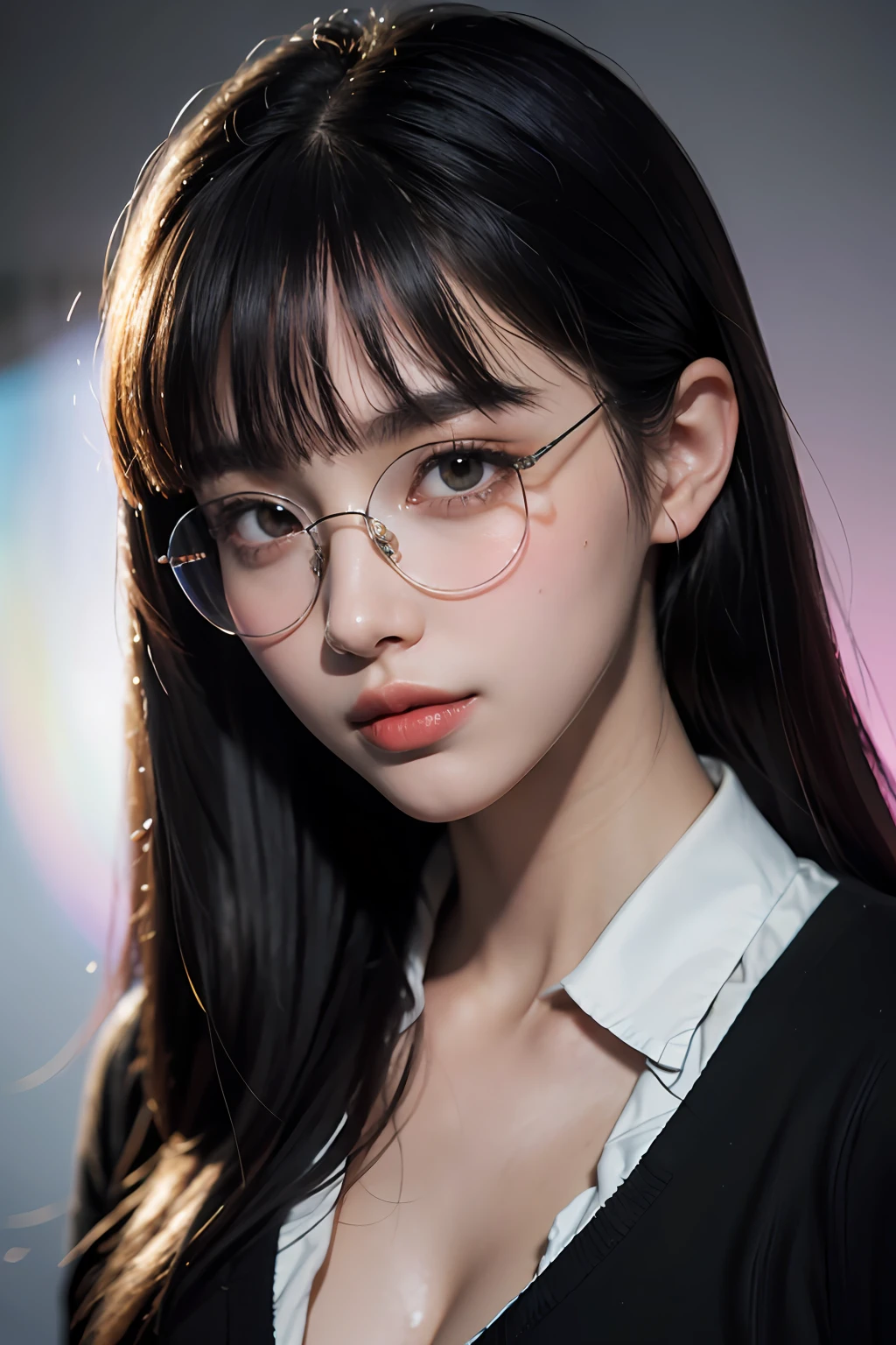 (8k, RAW photo, photorealistic: 1.25), (lip gloss, eyelashes, tear bags, snappy bangs, shiny face, shiny skin, best quality, ultra high resolution, depth of field, chromatic aberration, caustics, wide lighting, natural shading, kpop idol) glasses, calm, black hair, long hair, smile, sweaty