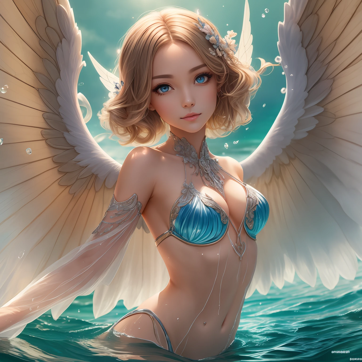 Portrait of a bust, elf, (best quality, 8K, masterpiece: 1.3), petite body, (beautiful and detailed eyes), (super detail), (desktop wallpaper), beautiful face, (detailed face), clear facial features, human ears, ray luminescence, optical, panoramic illumination, atmospheric perspective, dawn, anti-aliasing: 5D, light painting, color, perfect body beauty: 1.4 , huge wings, symmetrical transparent wings, stunning details, (dynamic pose), bathing in lake water, , gentle sunshine, A faint mist of water, huge wings enveloping the body