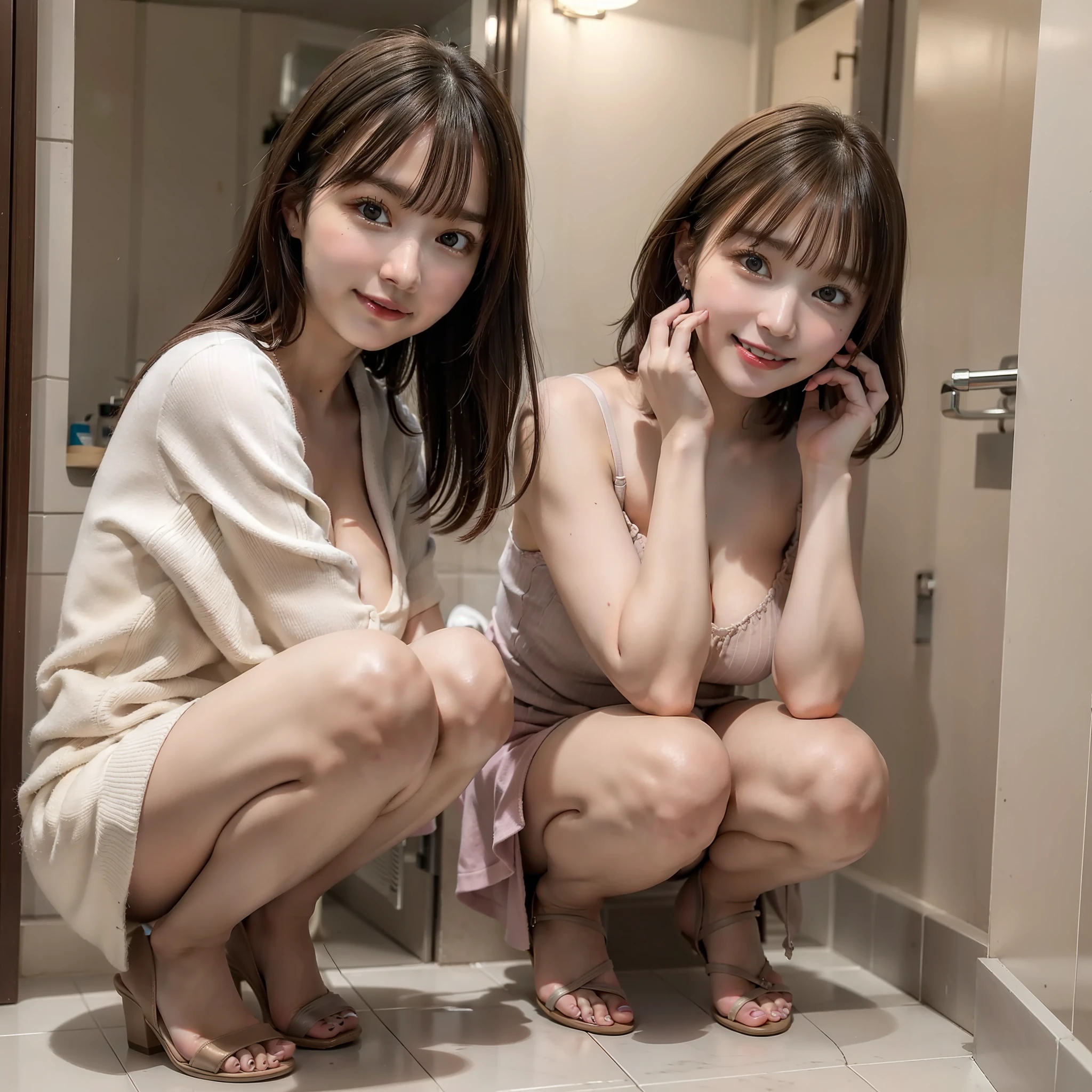 Excellent quality, masterpiece, (reality: 1.2), two girls, brown hair, brown eyes, front view, detailed face, grinning, beautiful eyes, small breasts, cleavage, full body, (((squatted in the bathroom: 1.5)))), miniskirt, legs open, nice legs, quite menstruation, menstrual blood flowing down the thighs, (camel to)), ((protrusion)),