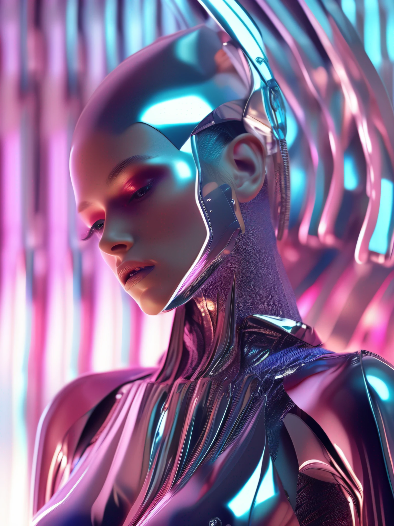 realistic photo, perfect gorgeous face, cyborg robotic angel posing menacingly, stylized by Gareth Pugh, metallic, iridescent, neon, fashion photography, uhd, photography by Guy Aroch, masterpiece, high quality, sharpness